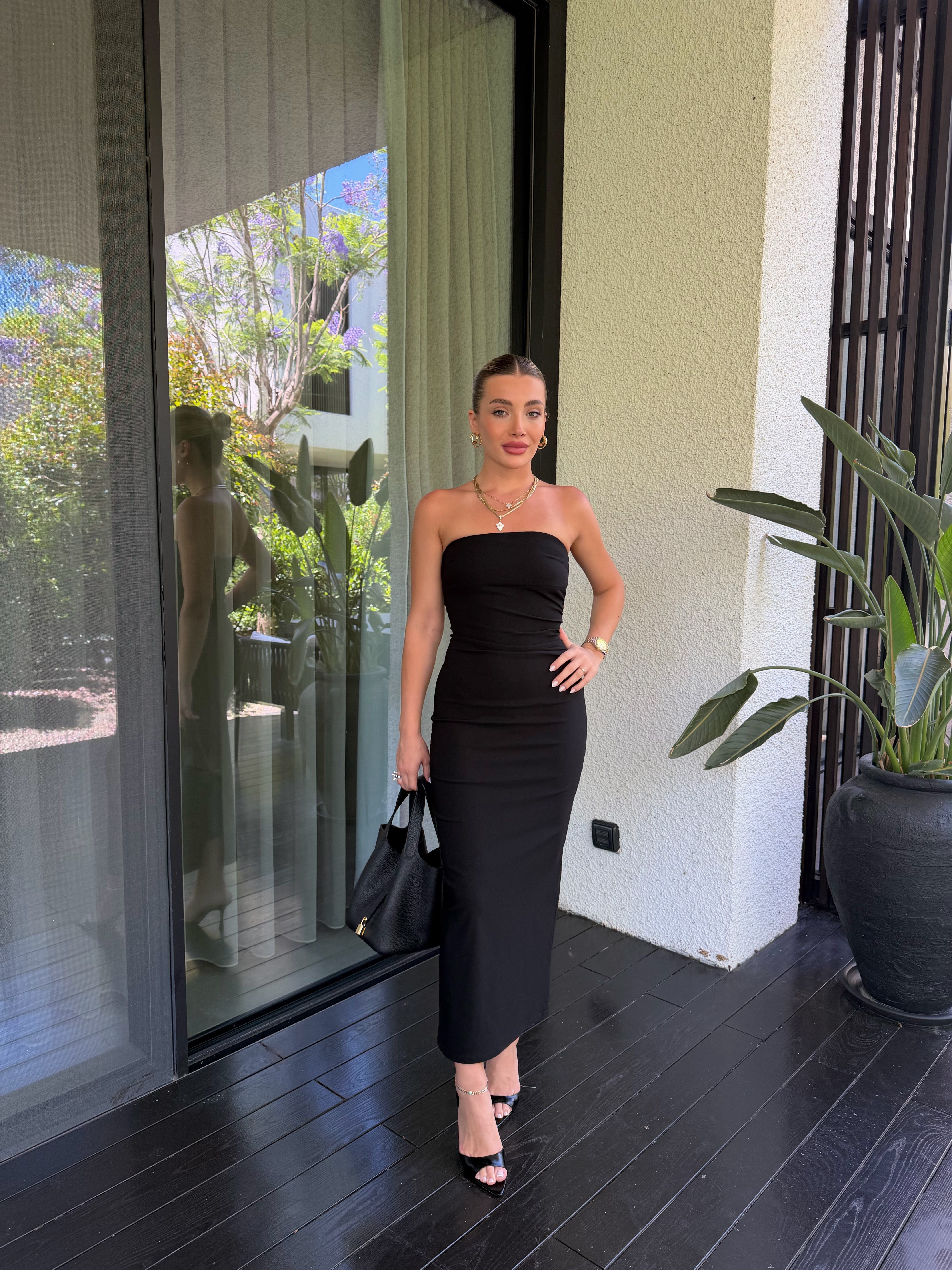 Siyah Straplez Midi Elbise-91368