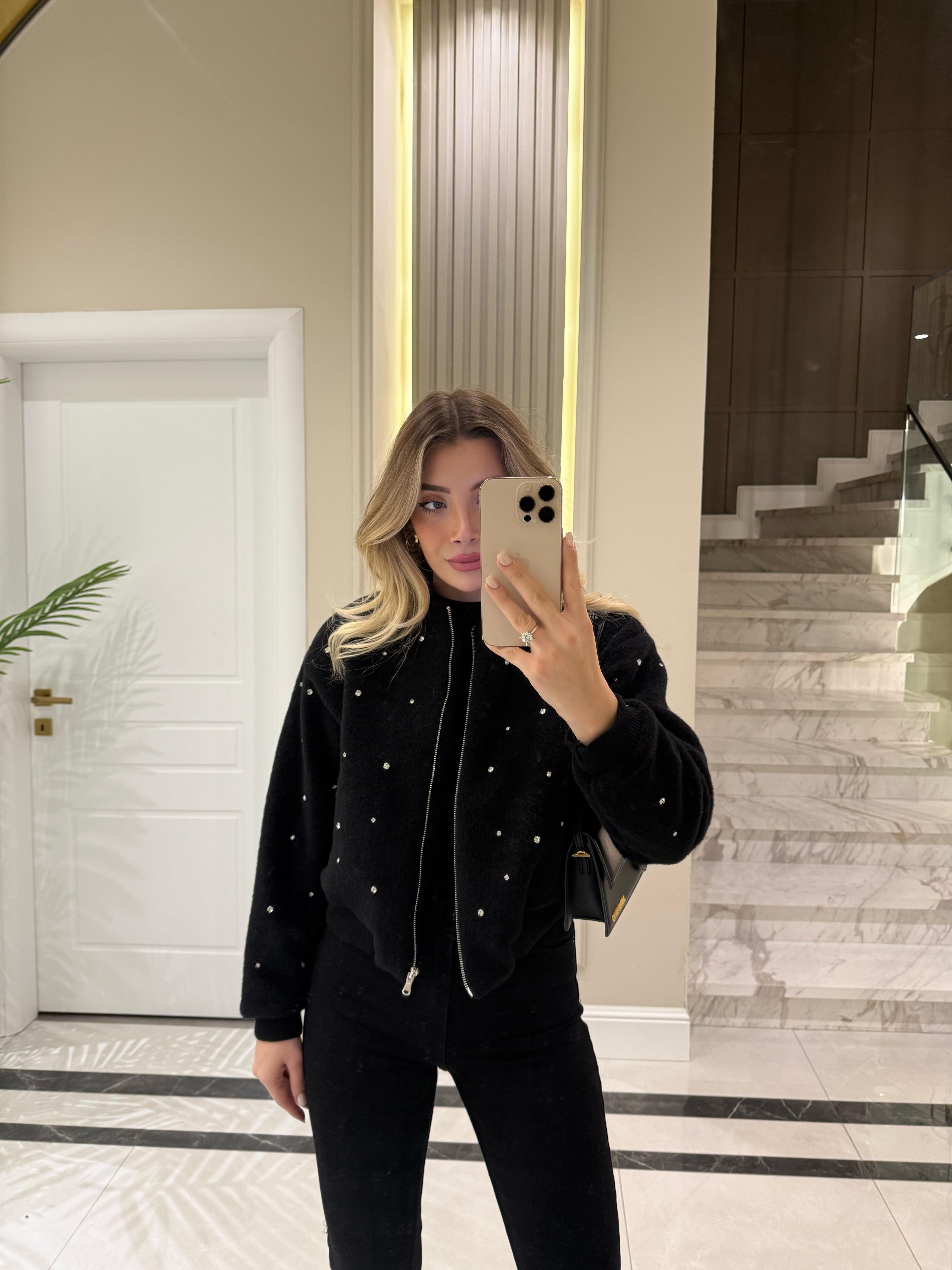 Siyah Taş İşlemeli Bomber Ceket