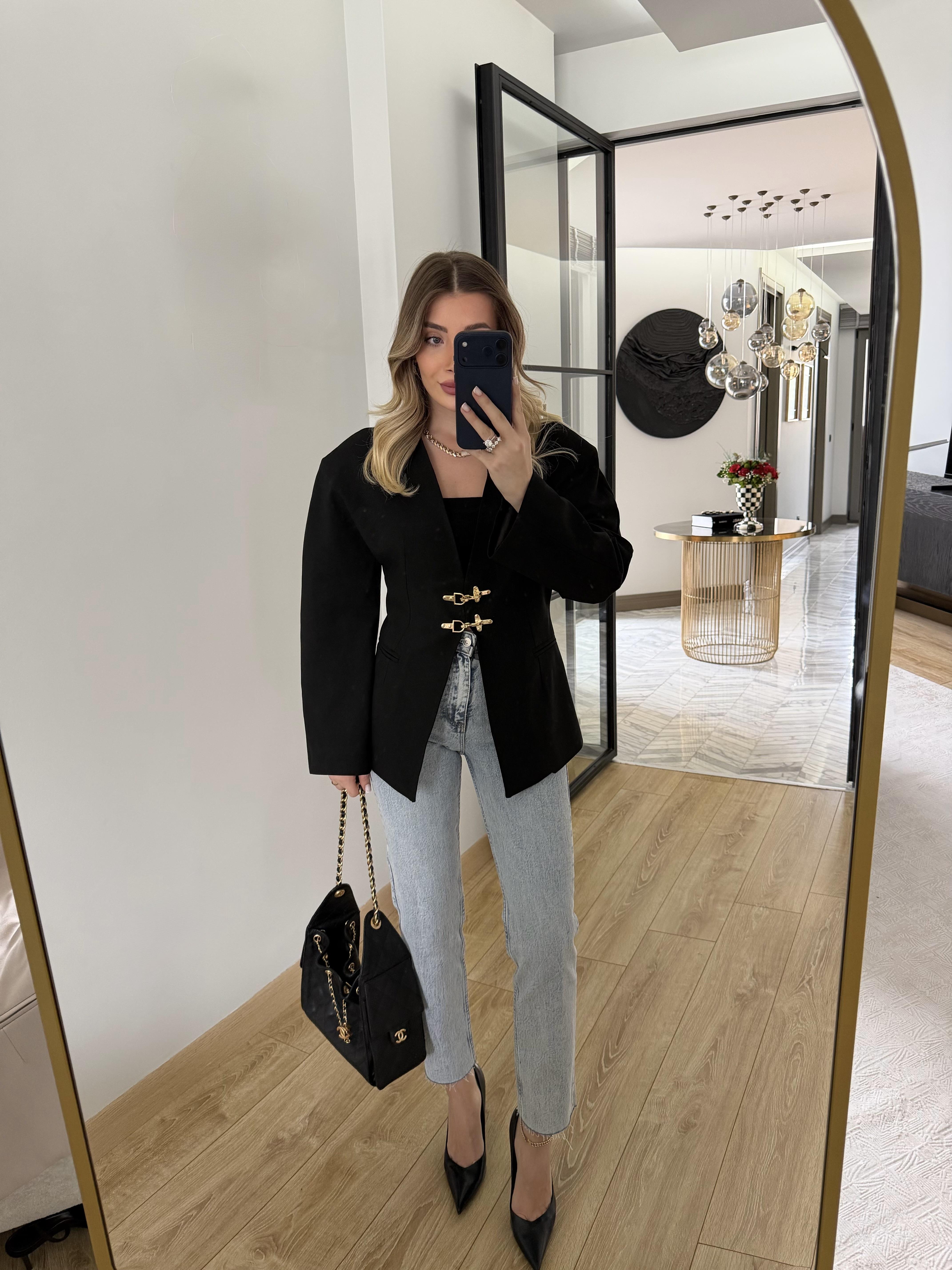 Siyah Taş Rengi Yakasız Blazer Ceket-9726
