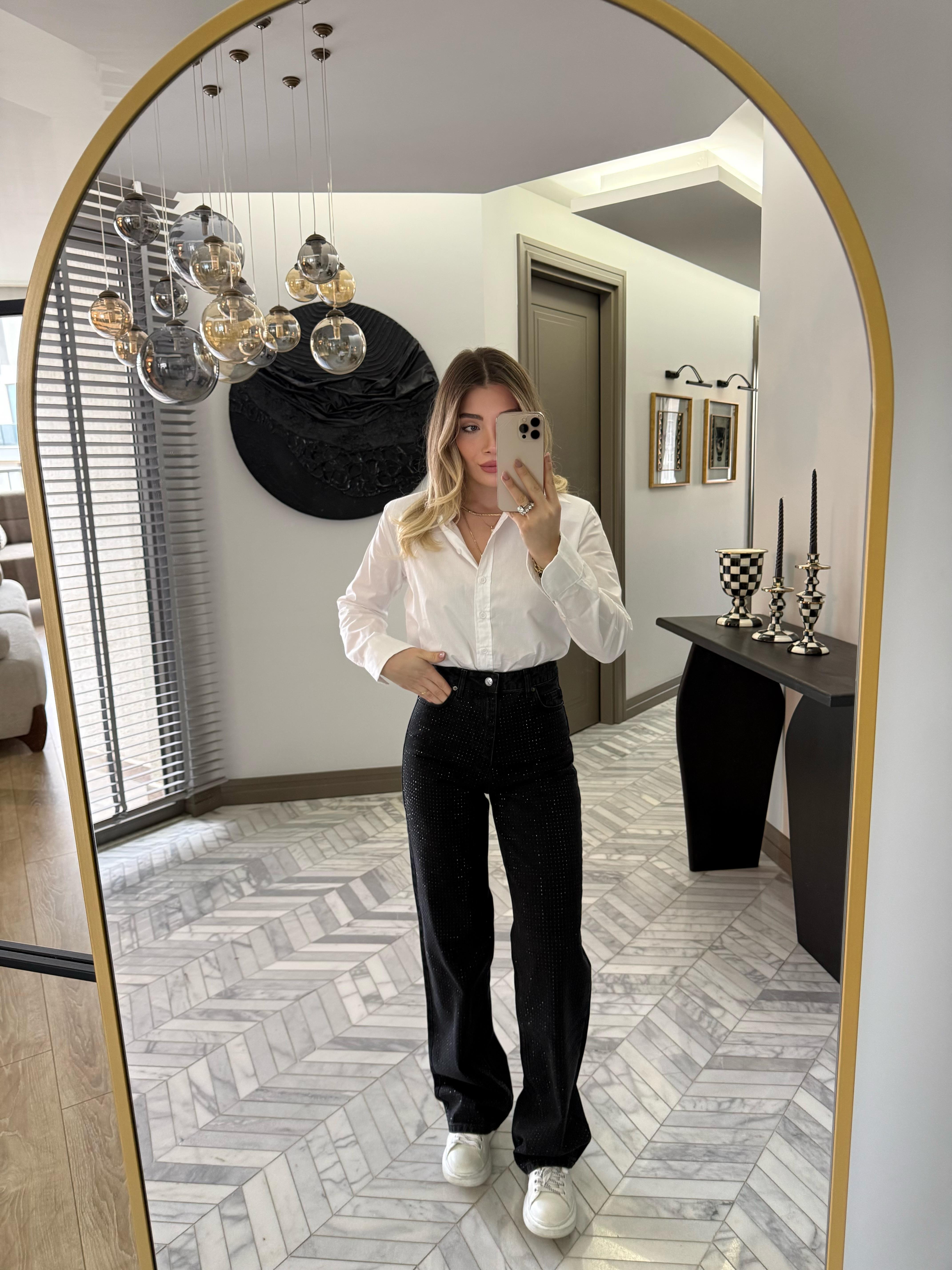 Siyah Taşlı Wide Leg Jean