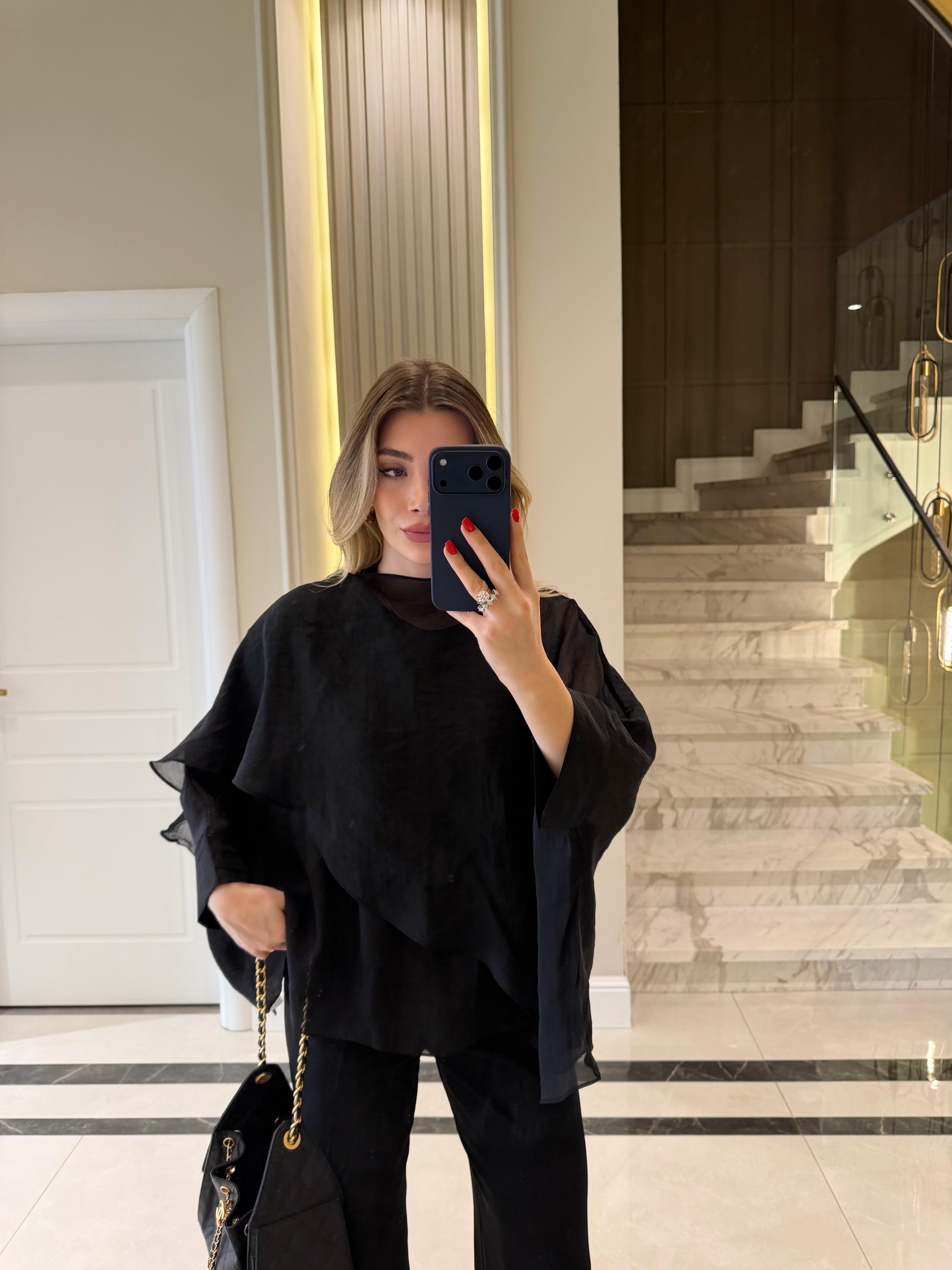 Siyah Uçuşan Pelerin Bluz-5026