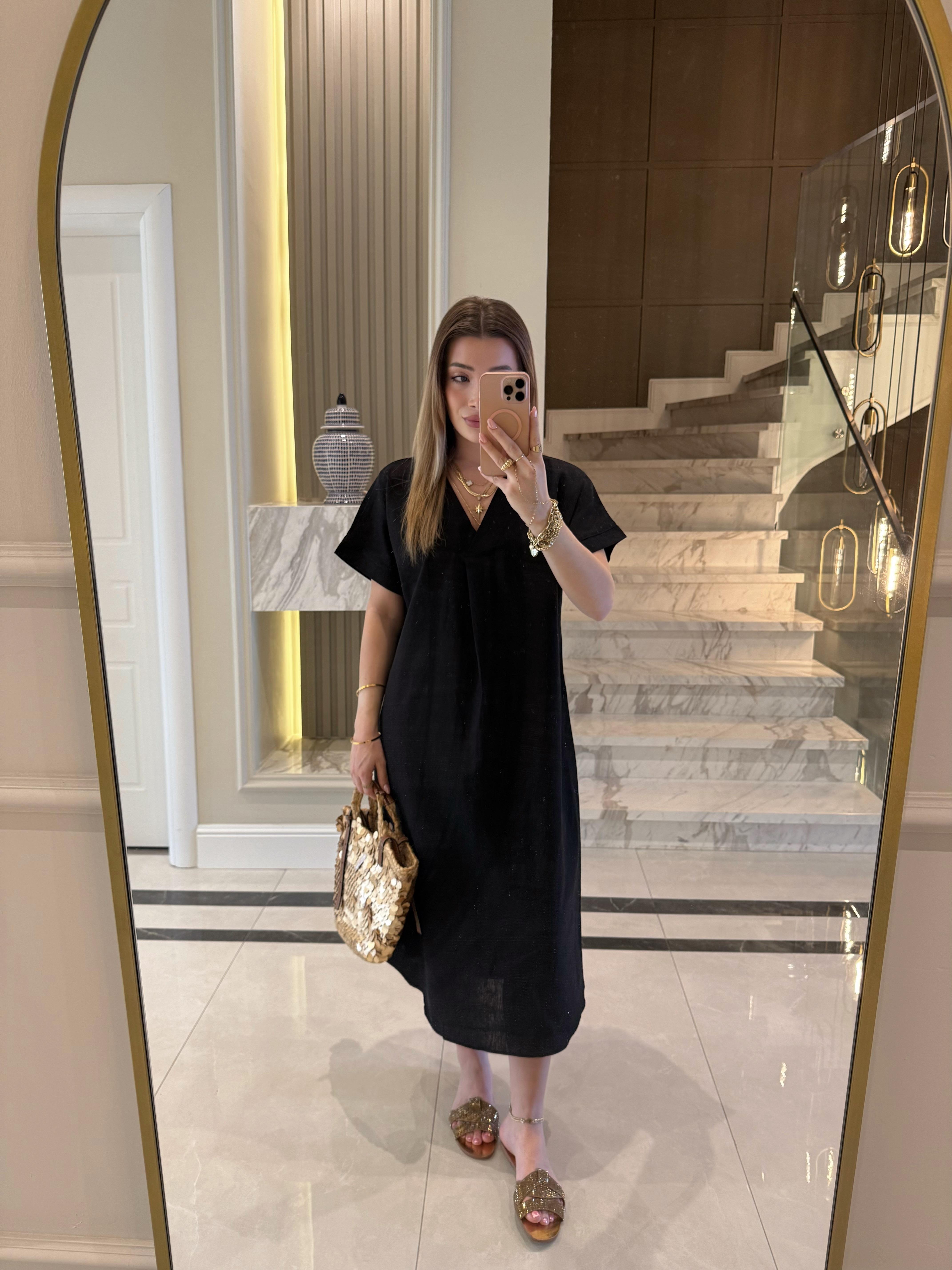 Siyah V Yaka Ham Keten Midi Boy Elbise-3131