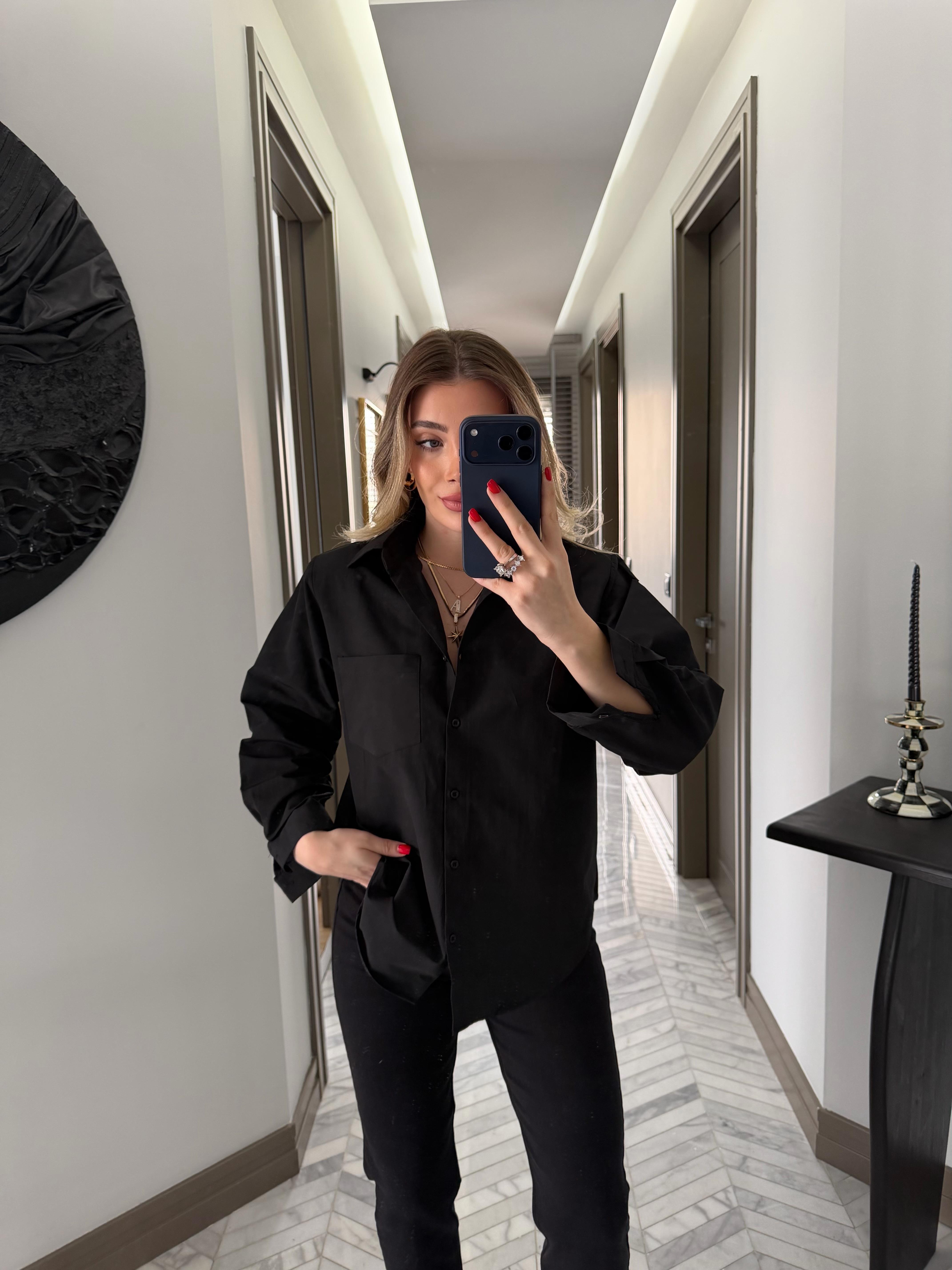 Siyah Vatkalı Poplin Gömlek-1008