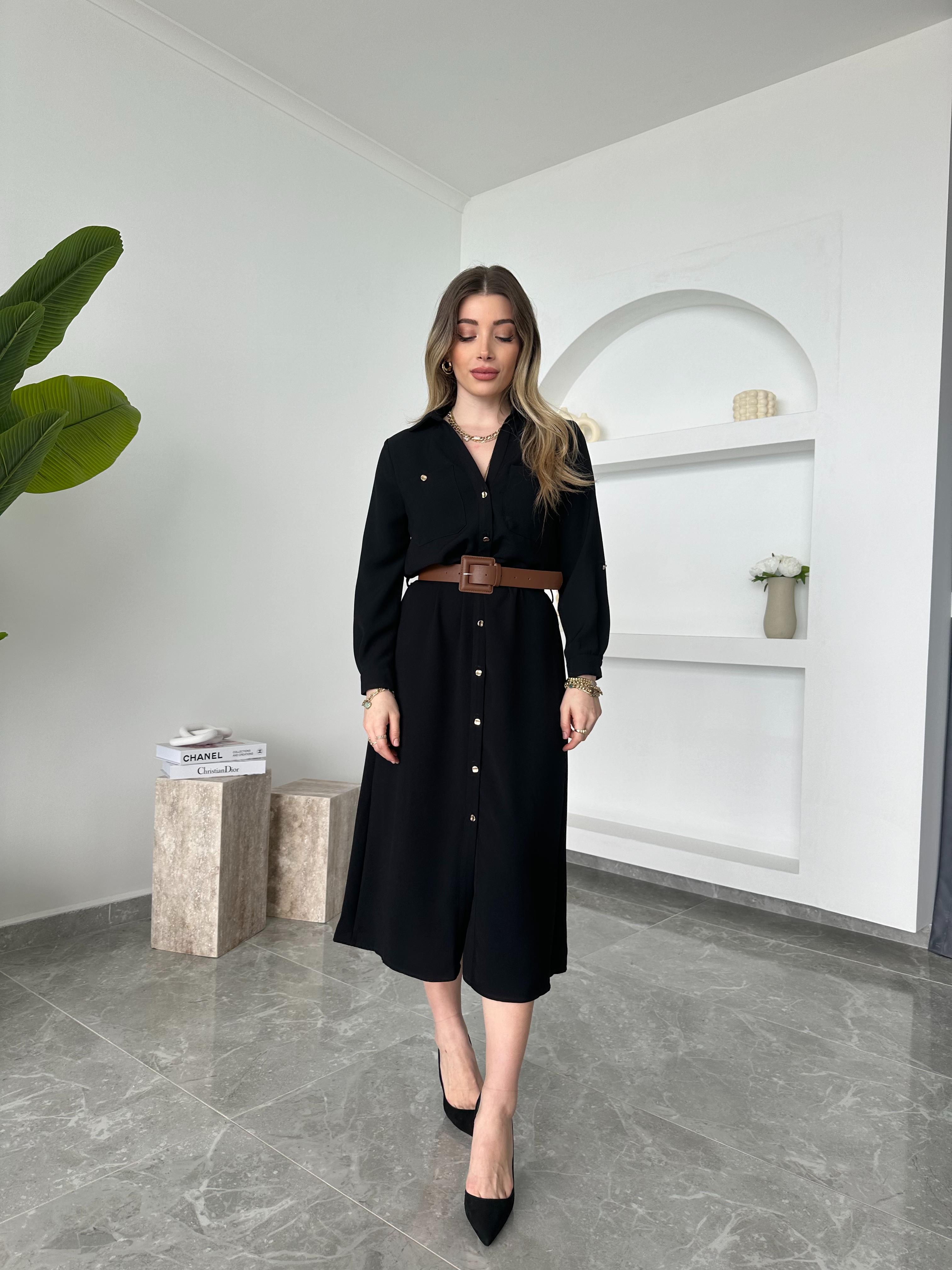 Siyah ZR Model Midi Boy Kemerli Gömlek Elbise