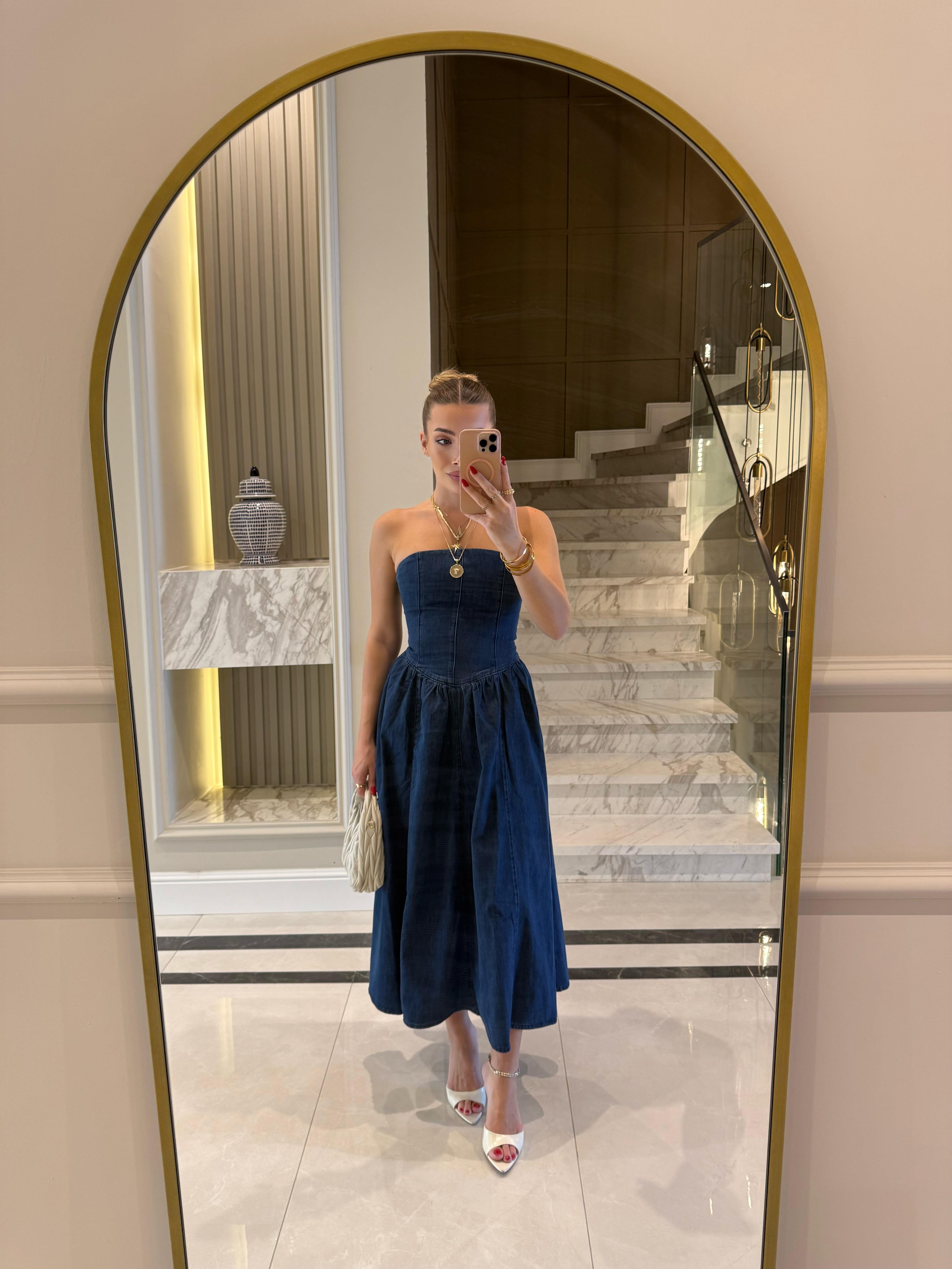 Straplez Denim Elbise 