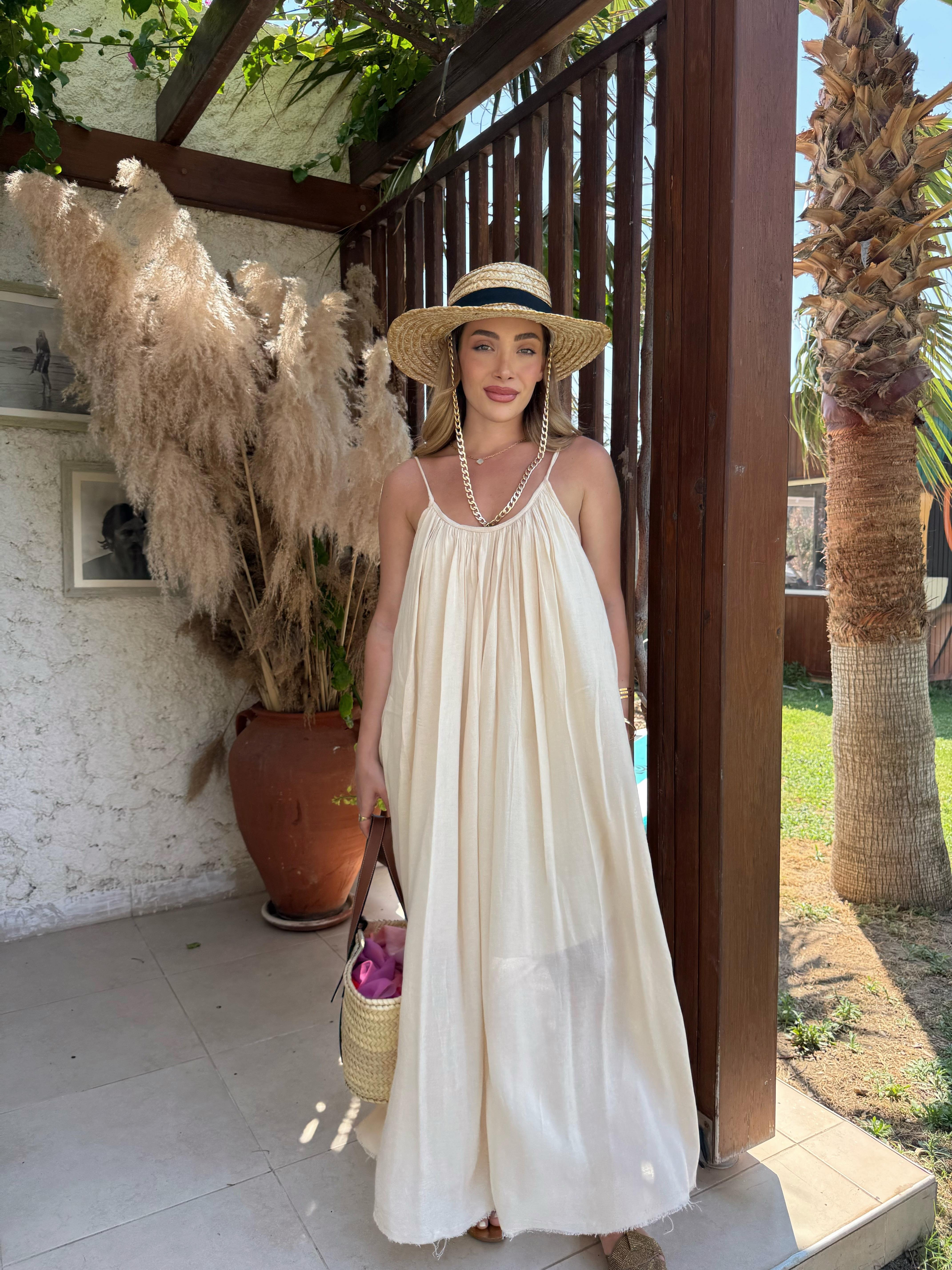 Taş Askılı Büzgülü Natural Elbise- 3173