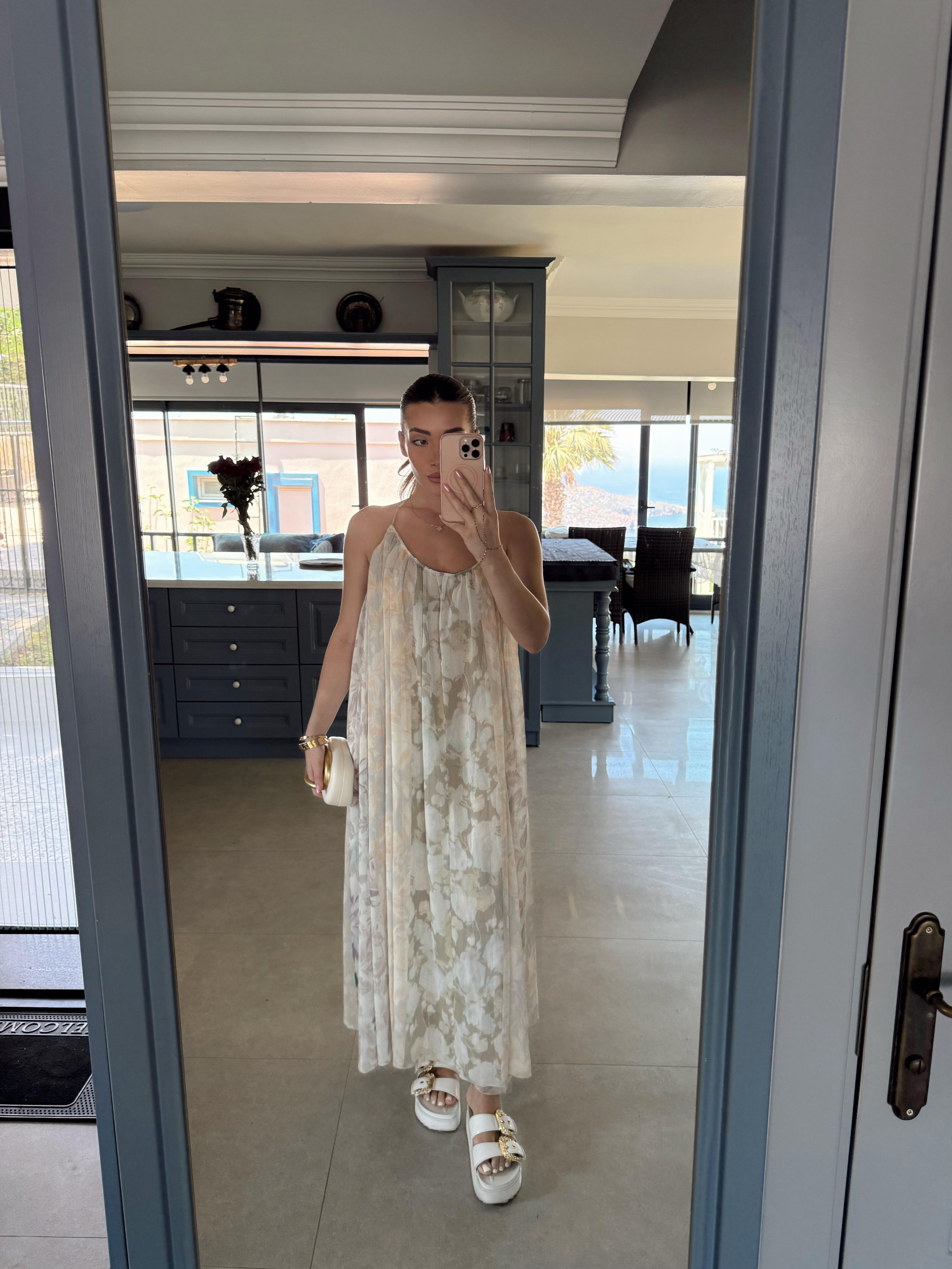 Taş Fresh Desen Askılı Dökümlü Elbise-3321 