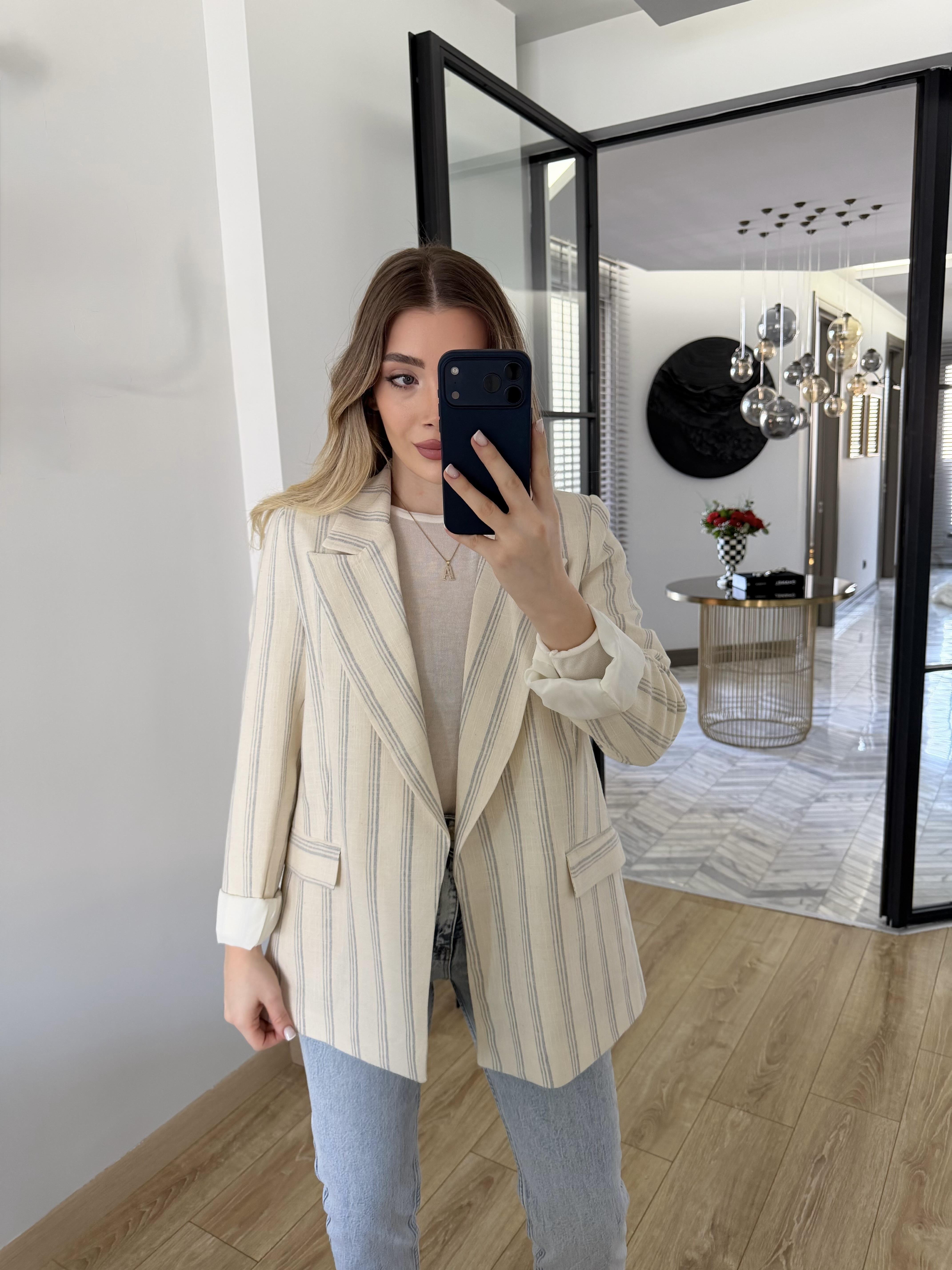 Taş -Gri Çizgili Keten Ceket 9424