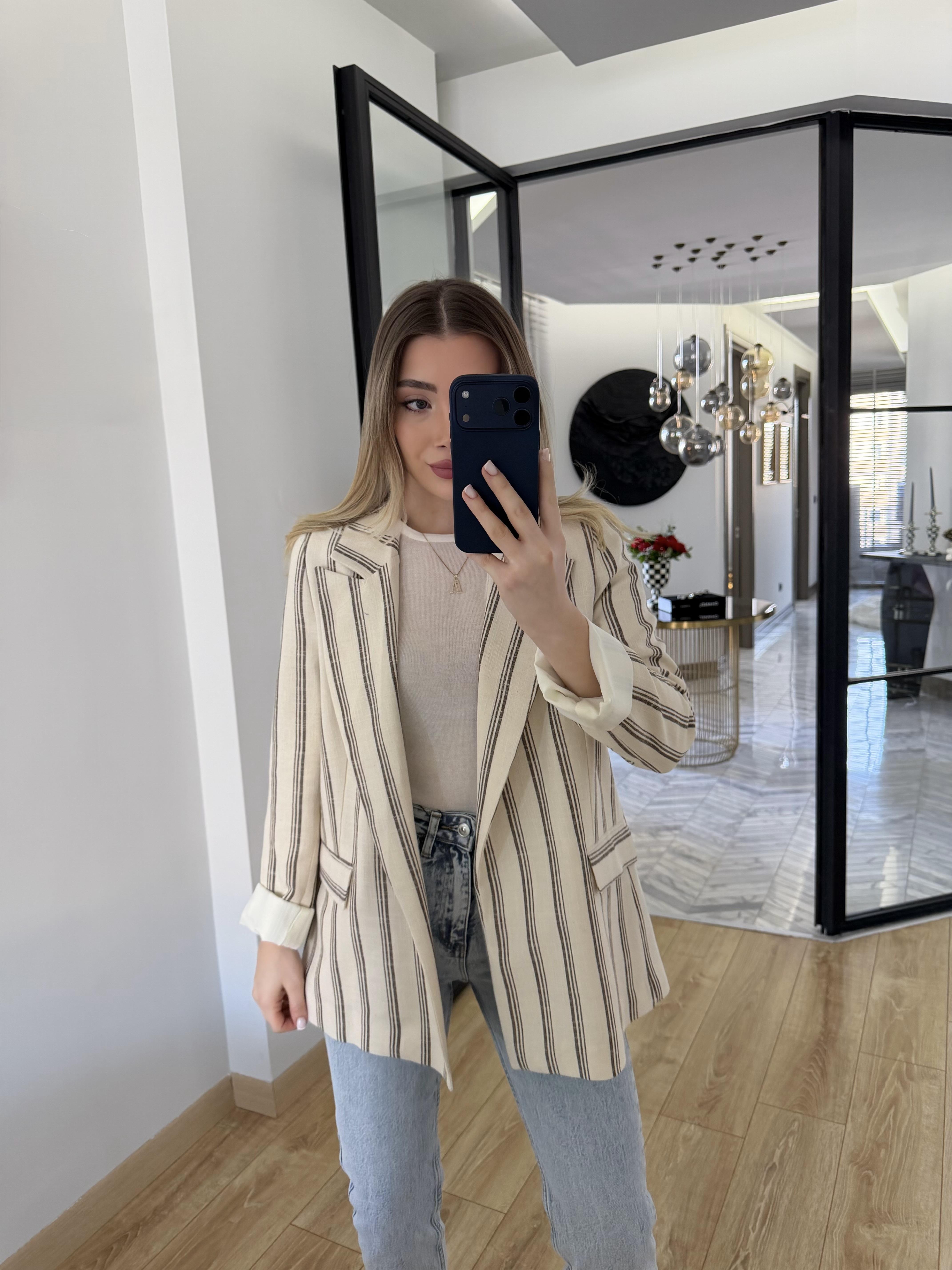 Taş-Kahve Çizgili Keten Ceket 9424