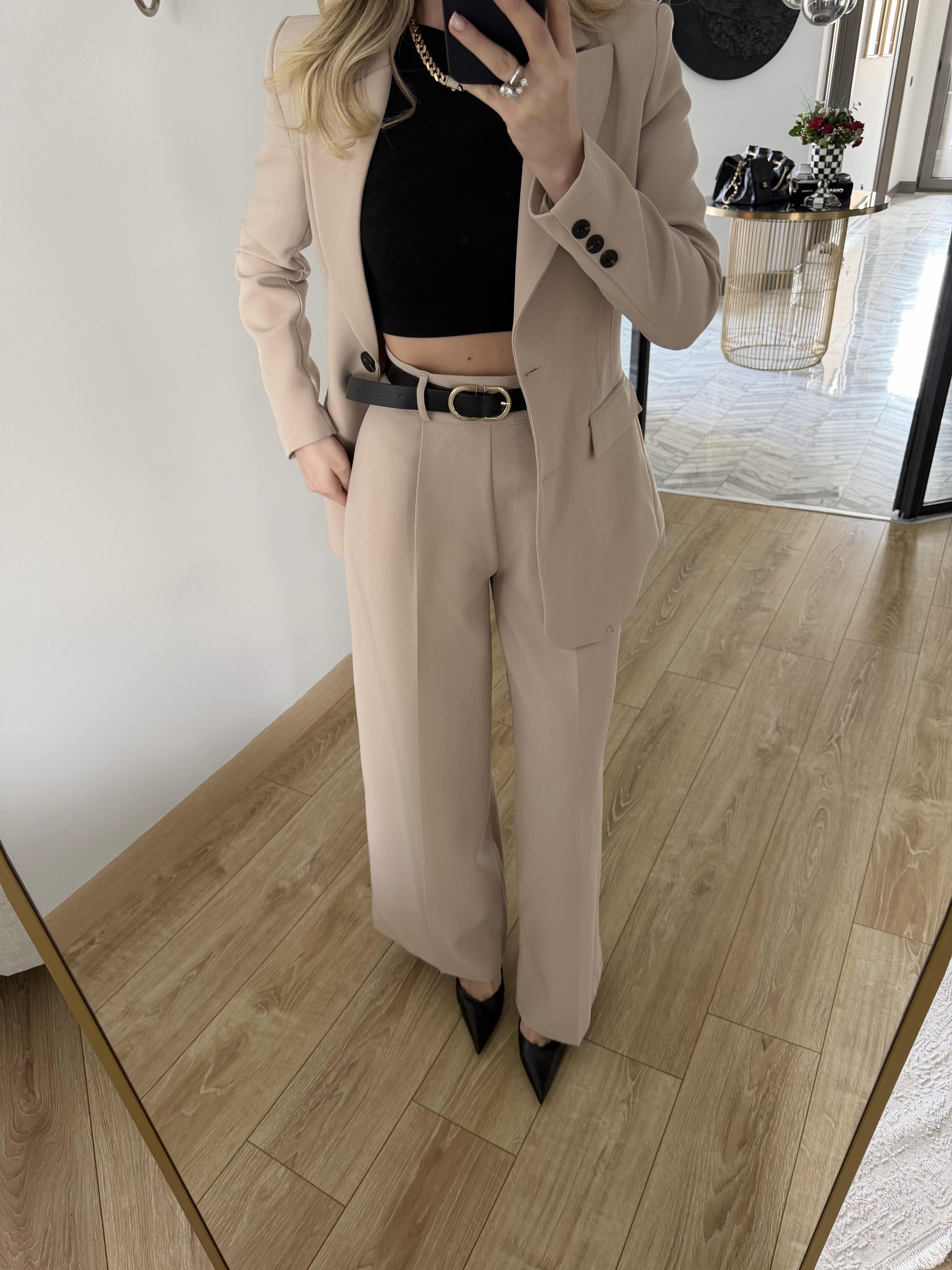 Taş Rengi Kemerli Geniş Paçalı Atlas Kumaş Pantolon-51266