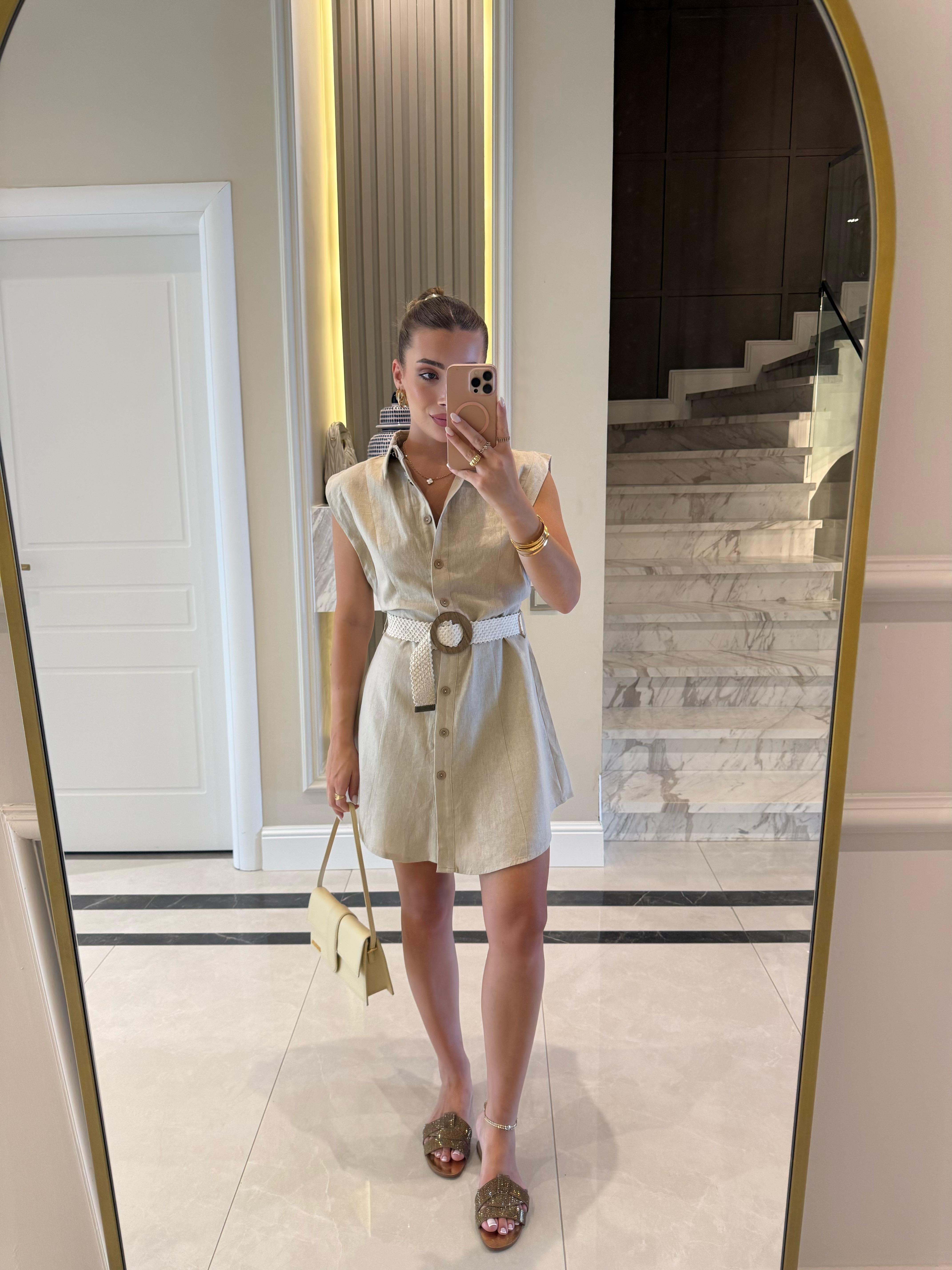 Taş Renk Ham Keten Kemerli Elbise