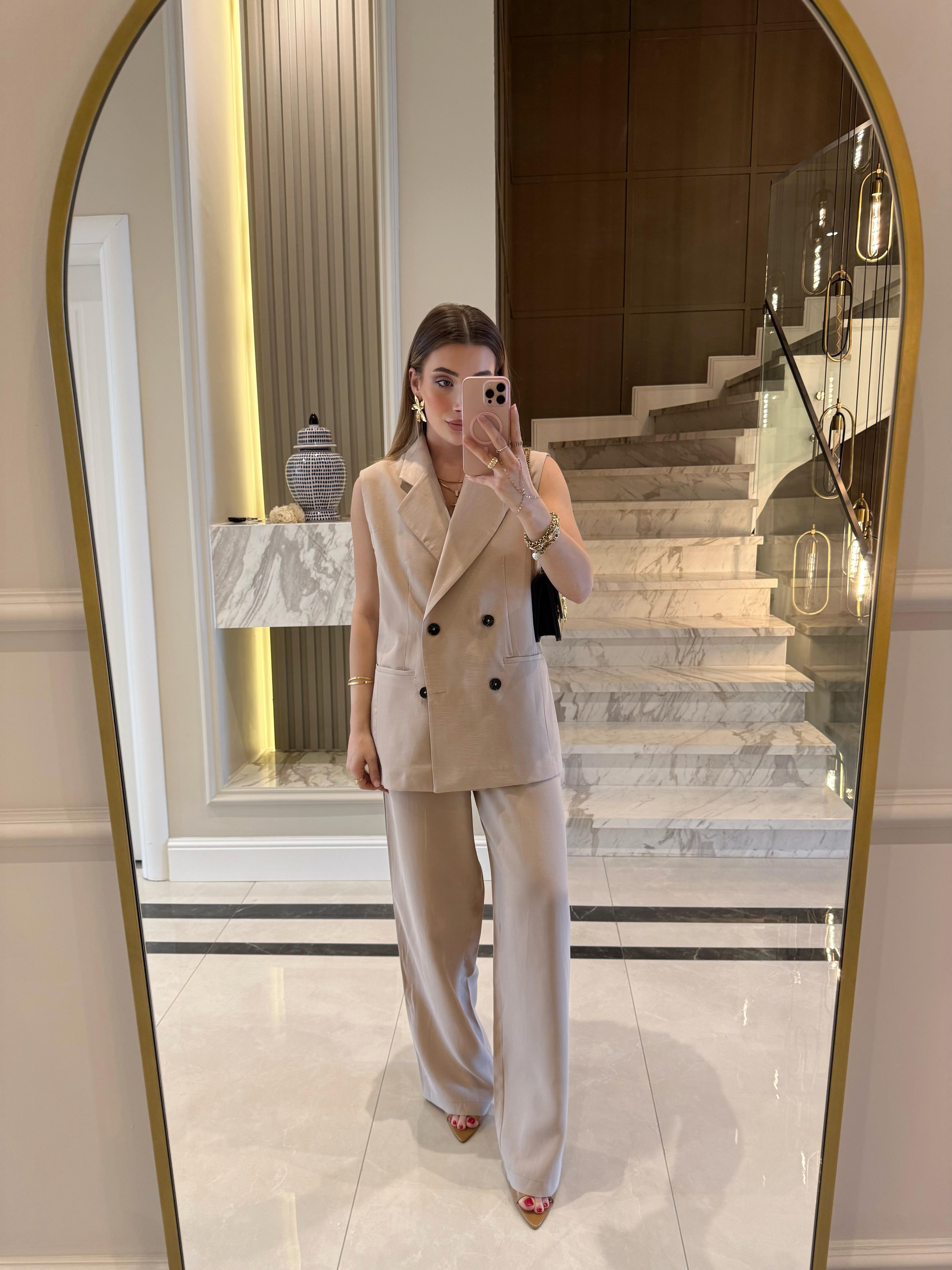 Taş Renk  Kruvaze Yelek-Pantolon İkili Takım-9568