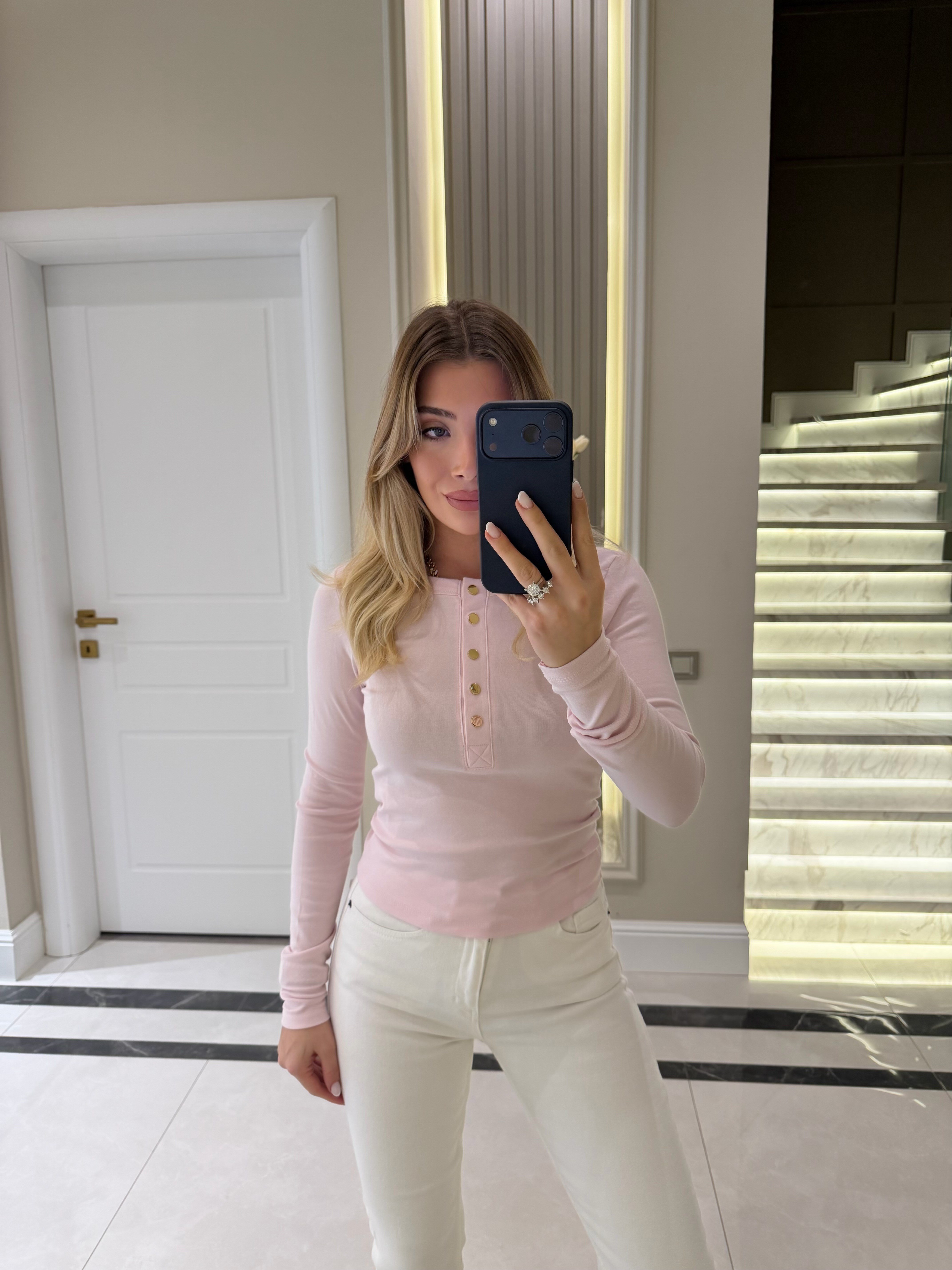 Toz Pembe Çıtçıtlı Uzun Kollu Bluz -1020