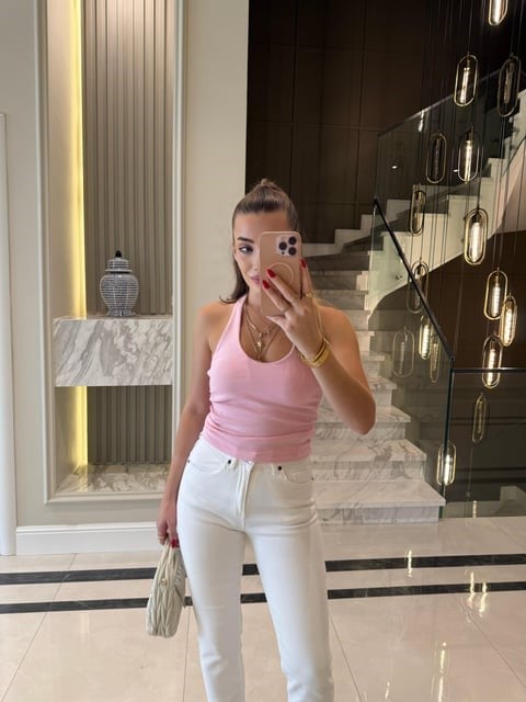 Toz Pembe Fitilli Halter Yaka Top -21052
