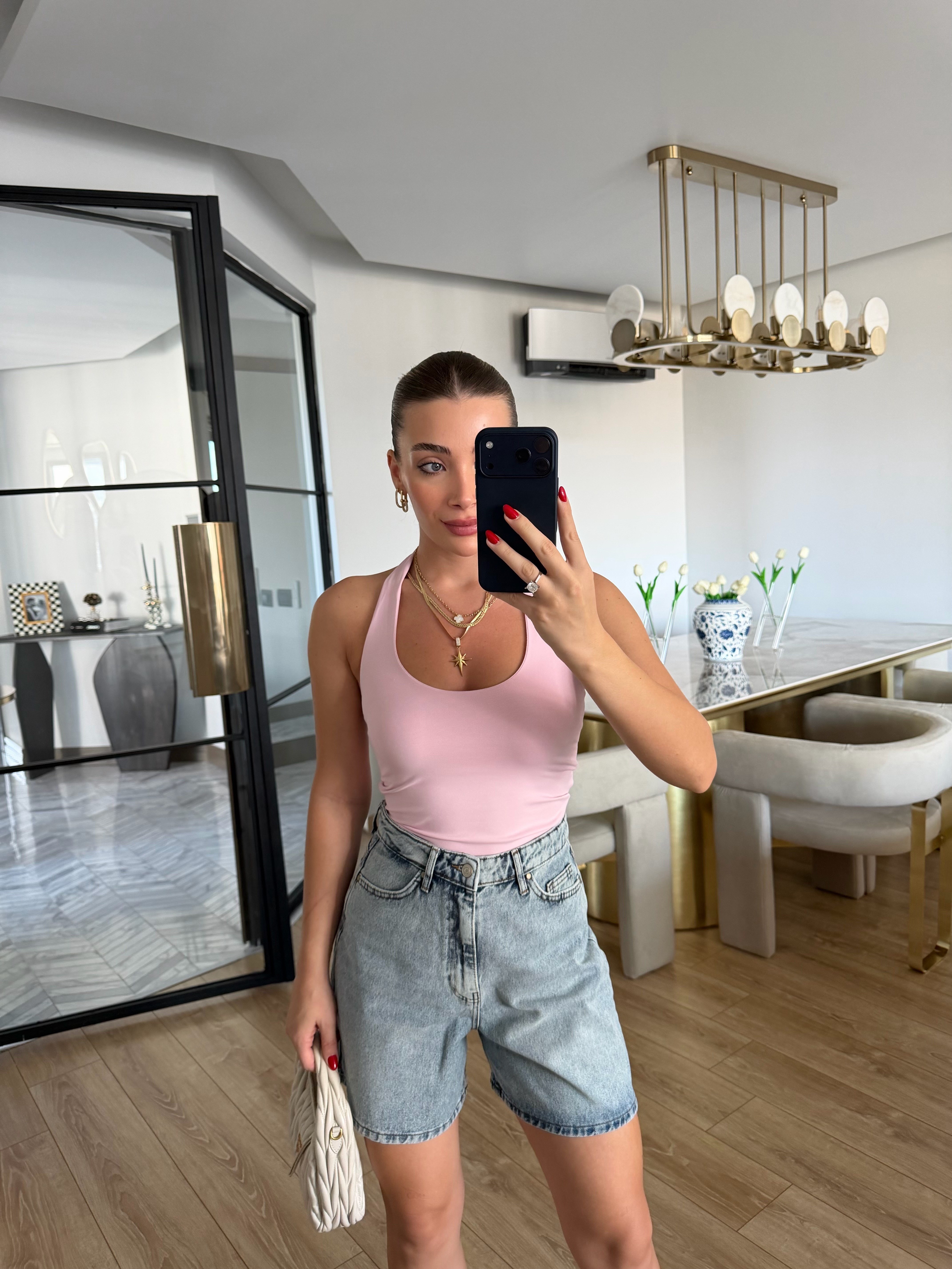 Toz Pembe Halter Yaka Top - 31753