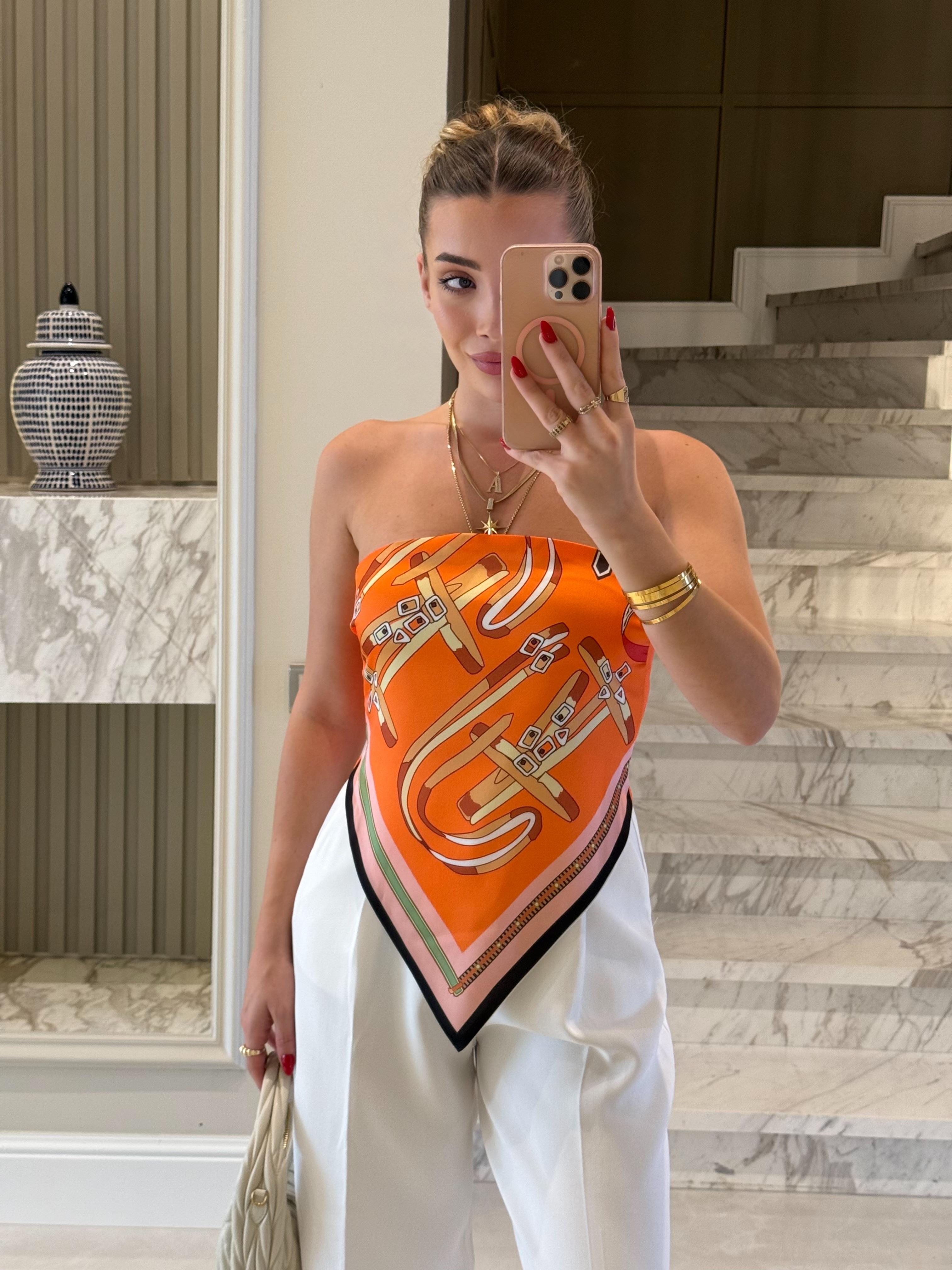 Turuncu Saten Sırtı Bağlamalı Bluz 