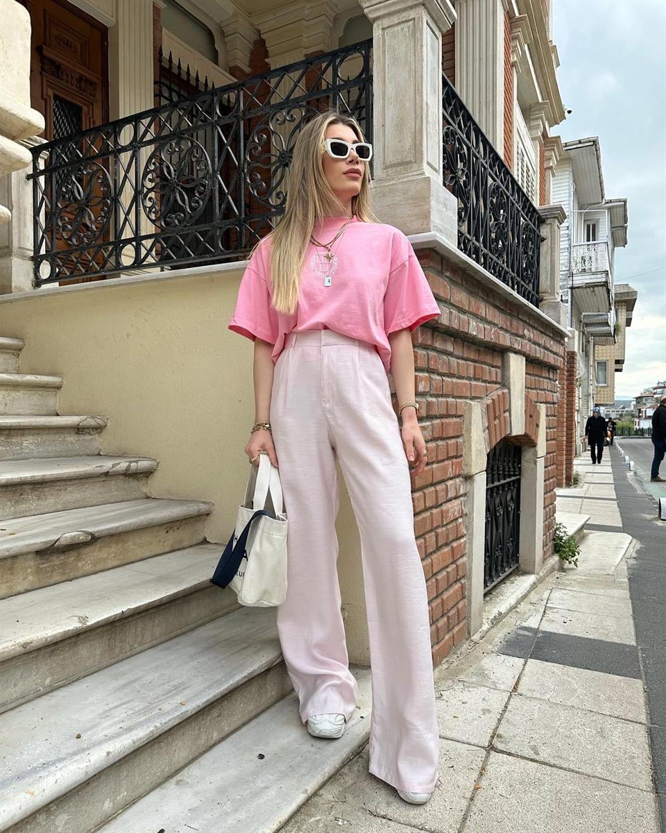 Uçuk Pembe Palazzo Keten Pantolon
