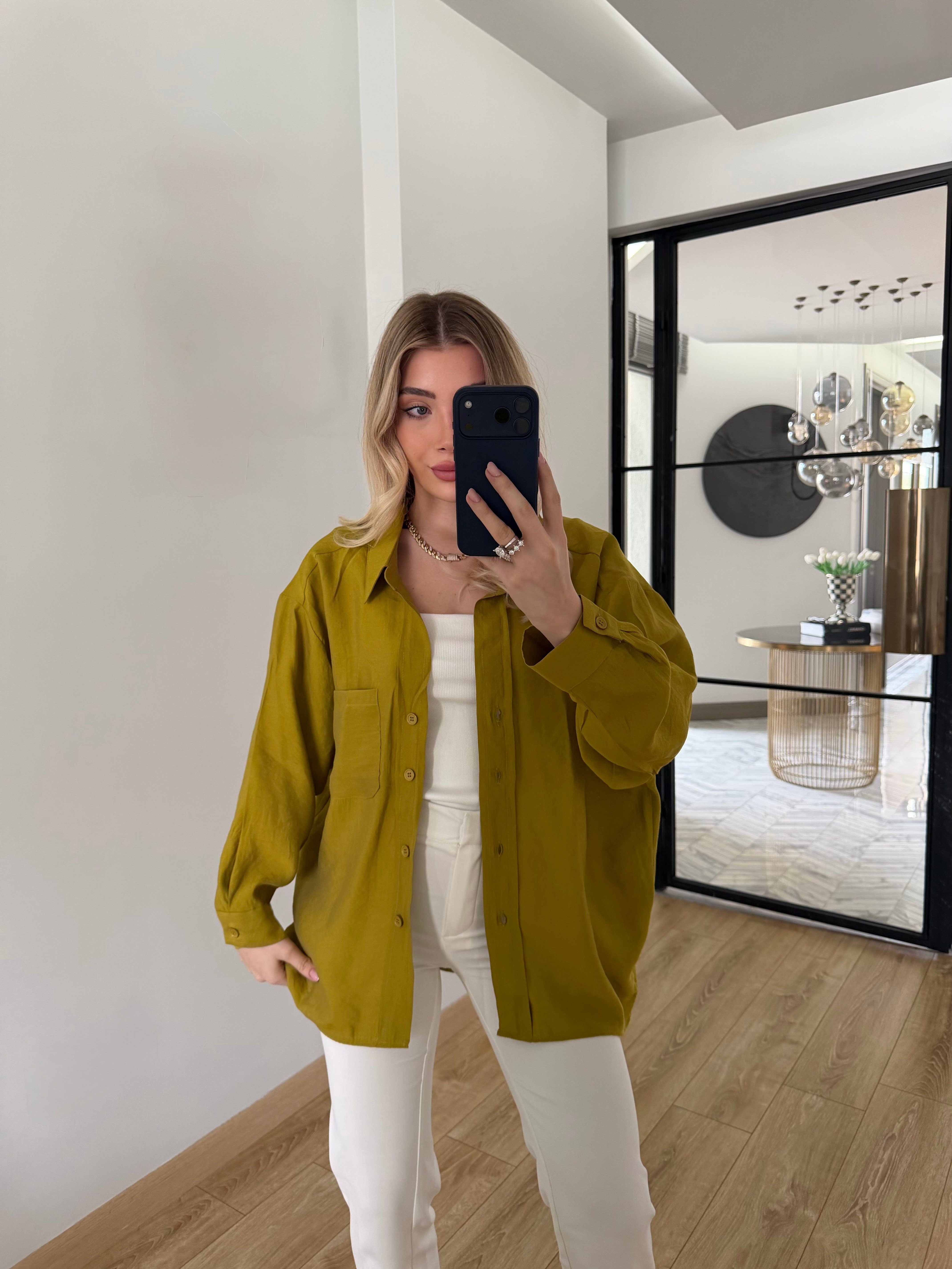 Yağ Yeşili Düşük Omuzlu Oversize Tensel Gömlek-4612