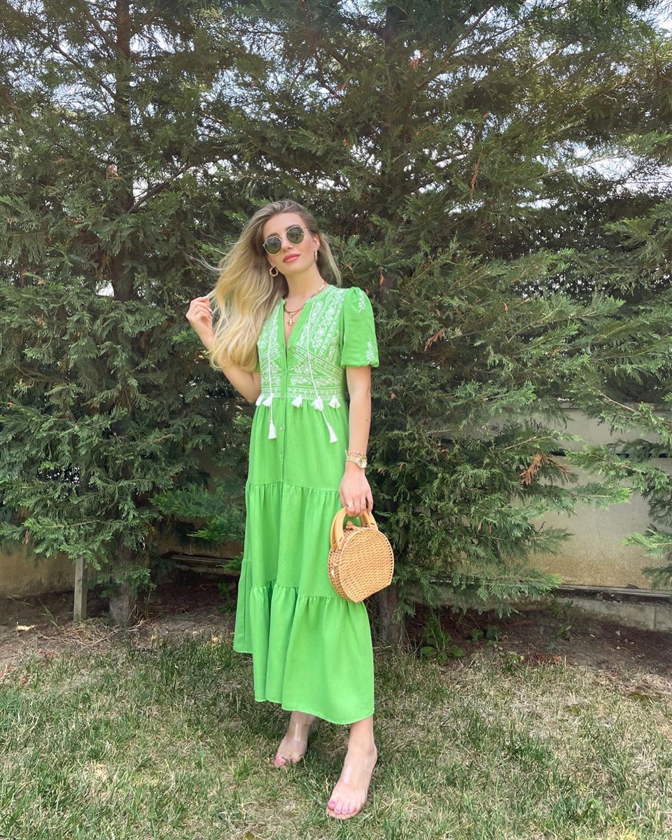 Yeşil Ham Keten Elbise
