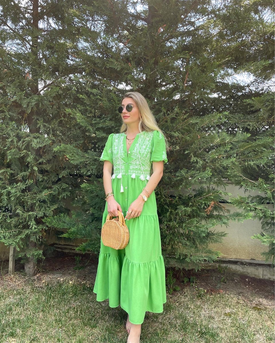 Yeşil Ham Keten Elbise