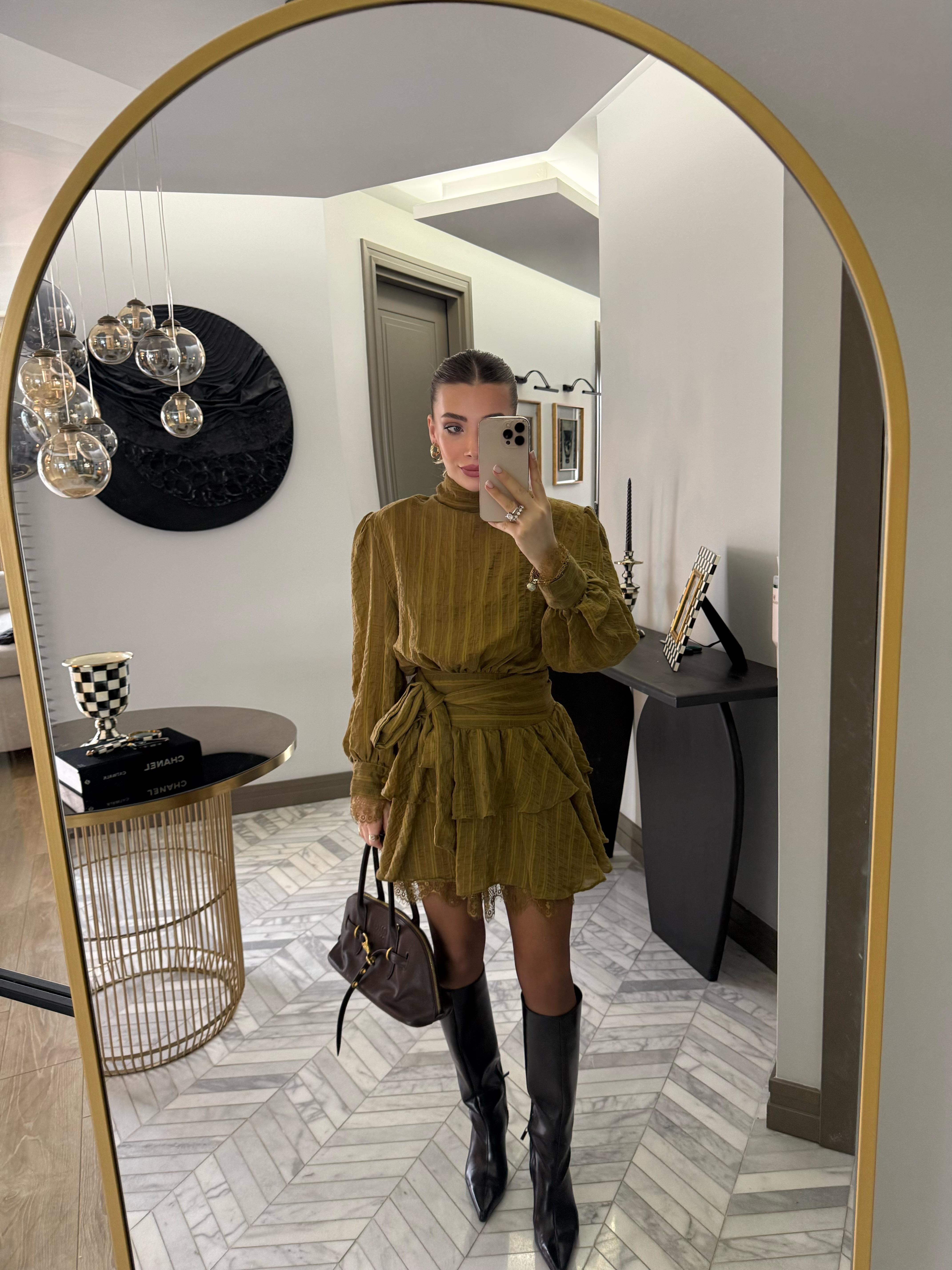 Yeşil Özel Dokuda Kendinden Çizgili Elbise-35540