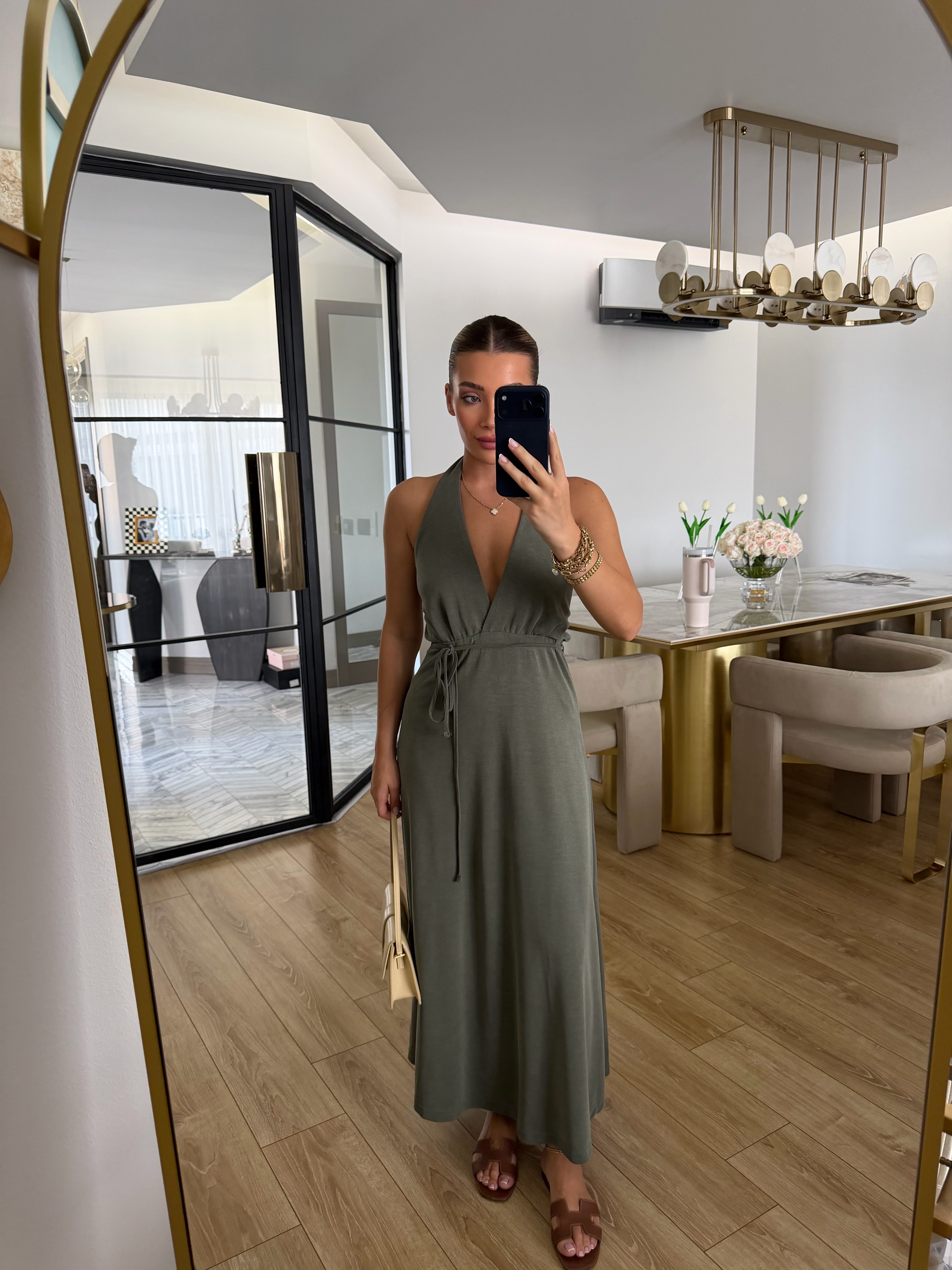 Yeşil Sırtı Açık Pike Elbise-4196