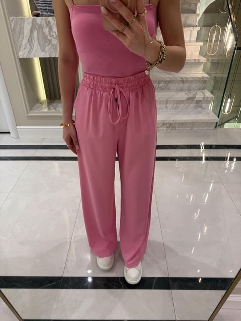 Yüksekbel Beli Lastikli Palazzo Pantolon- Pembe