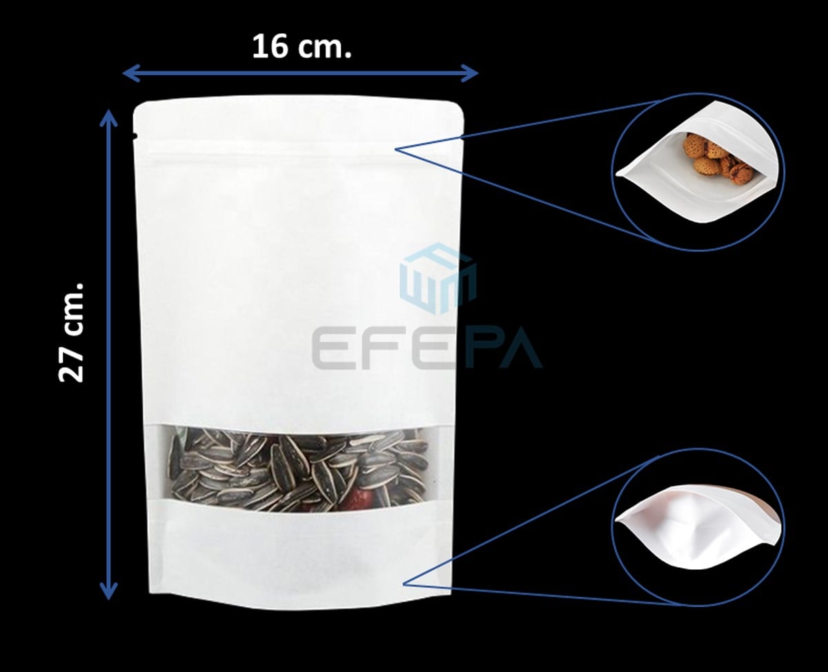 Beyaz Kraft Pencereli Kilitli Doypack 16x27x8 50'li