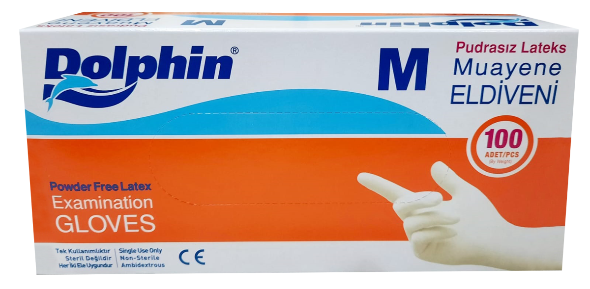 Dolphin Latex Pudrasız Muayene Eldiveni (M) 100'lü