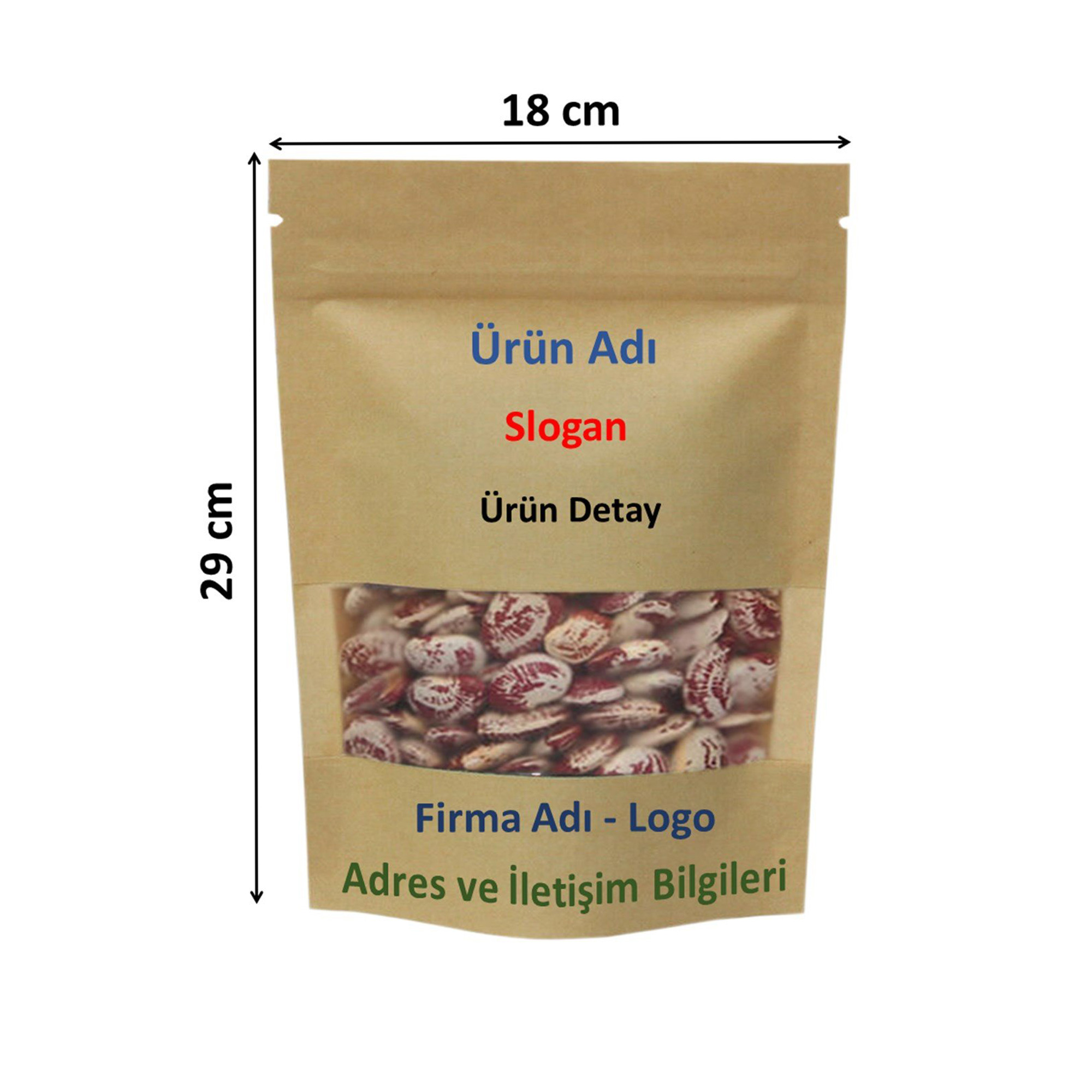 Firma Baskılı Kraft Dar Pencereli Kilitli Doypack 18x29x9 cm