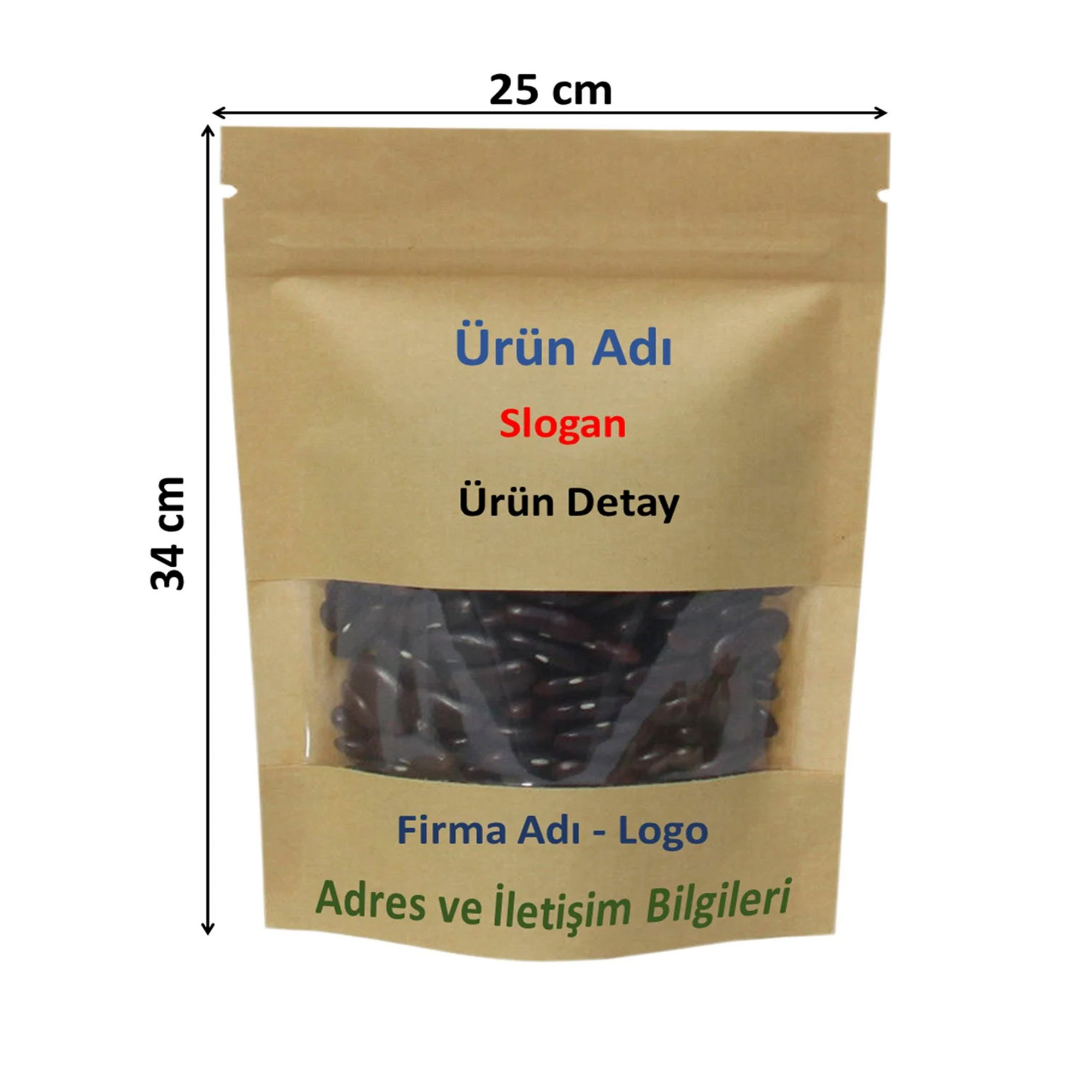 Firma Baskılı Kraft Dar Pencereli Kilitli Doypack 25x34x12 cm