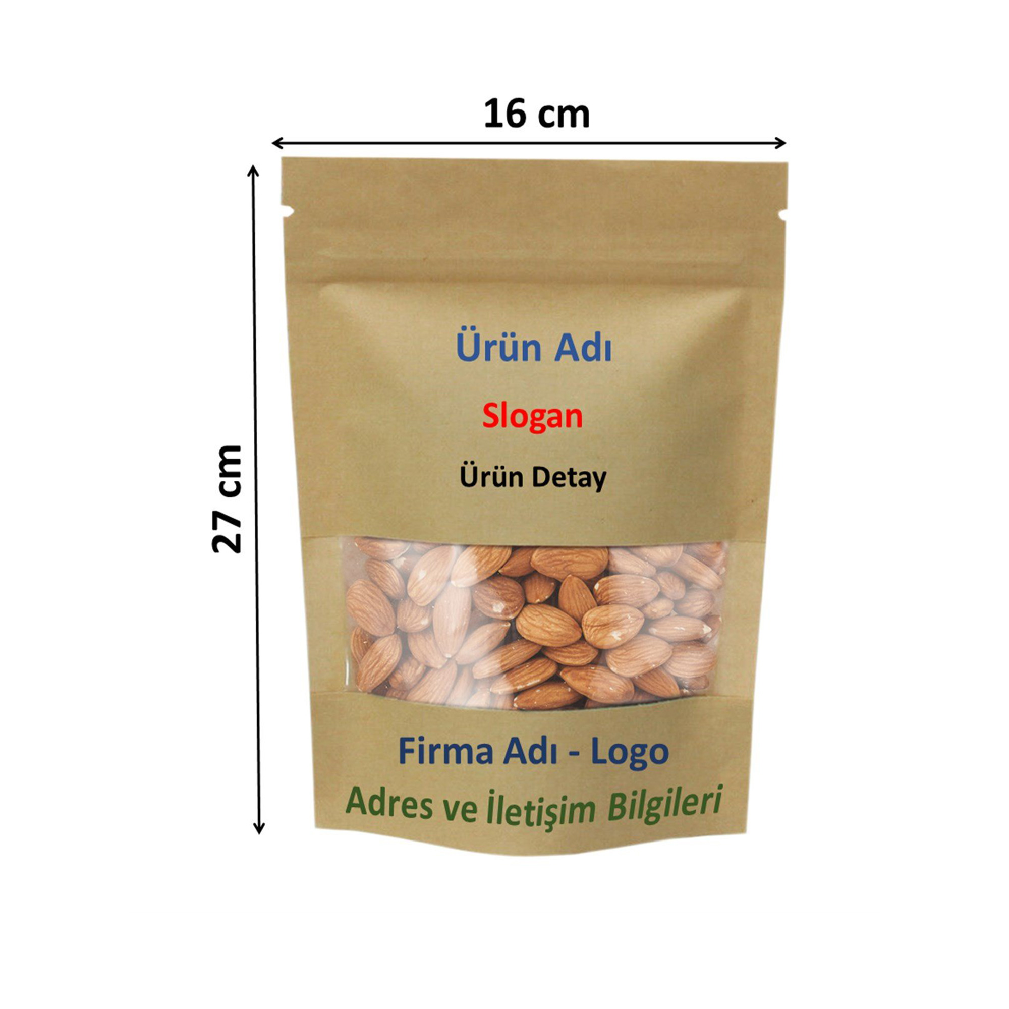 Firma Baskılı Kraft Dar Pencereli Kilitli Doypack 16x27x8 cm