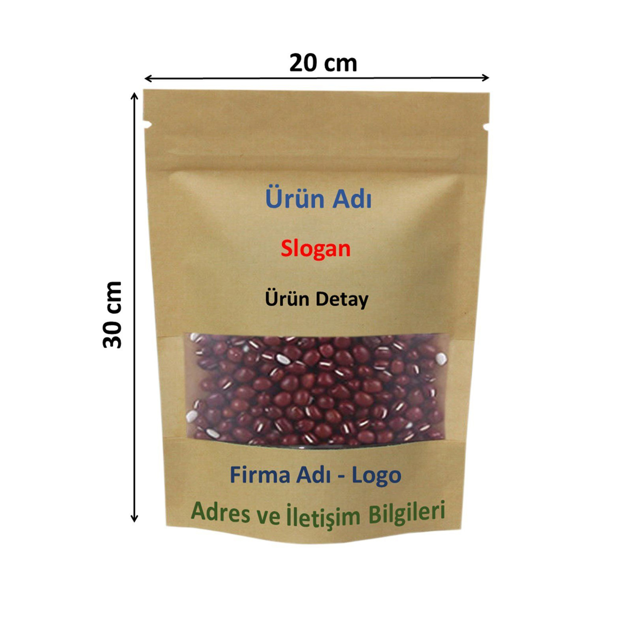 Firma Baskılı Kraft Dar Pencereli Kilitli Doypack 20x30x10 cm
