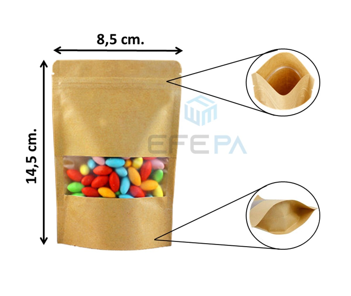 Kraft Pencereli Dar Kilitli Doypack 8,5x14,5x5 cm 50'li