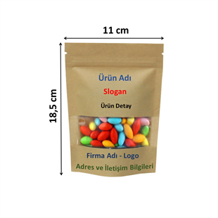 Firma Baskılı Kraft Dar Pencereli Kilitli Doypack 11x18,5x7 cm