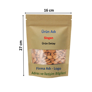 Firma Baskılı Kraft Dar Pencereli Kilitli Doypack 16x27x8 cm