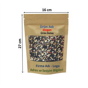 Firma Baskılı Kraft Geniş Pencereli Kilitli Doypack 16x27x8 cm