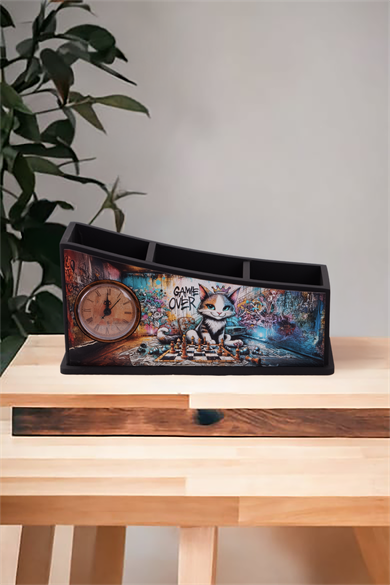 Graffiti Cat Masa Üstü Saatli Kalemlik