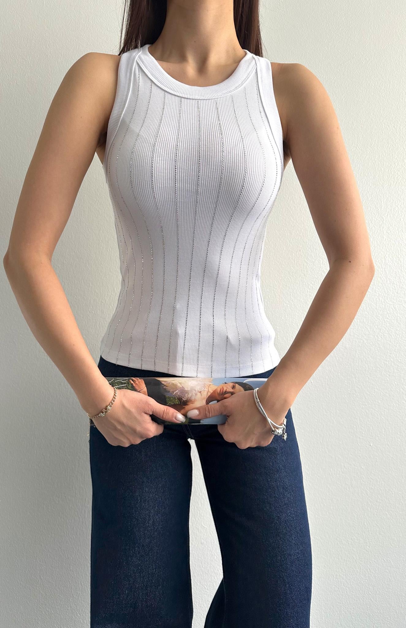 Halter Yaka Taş Baskılı Atlet BEYAZ