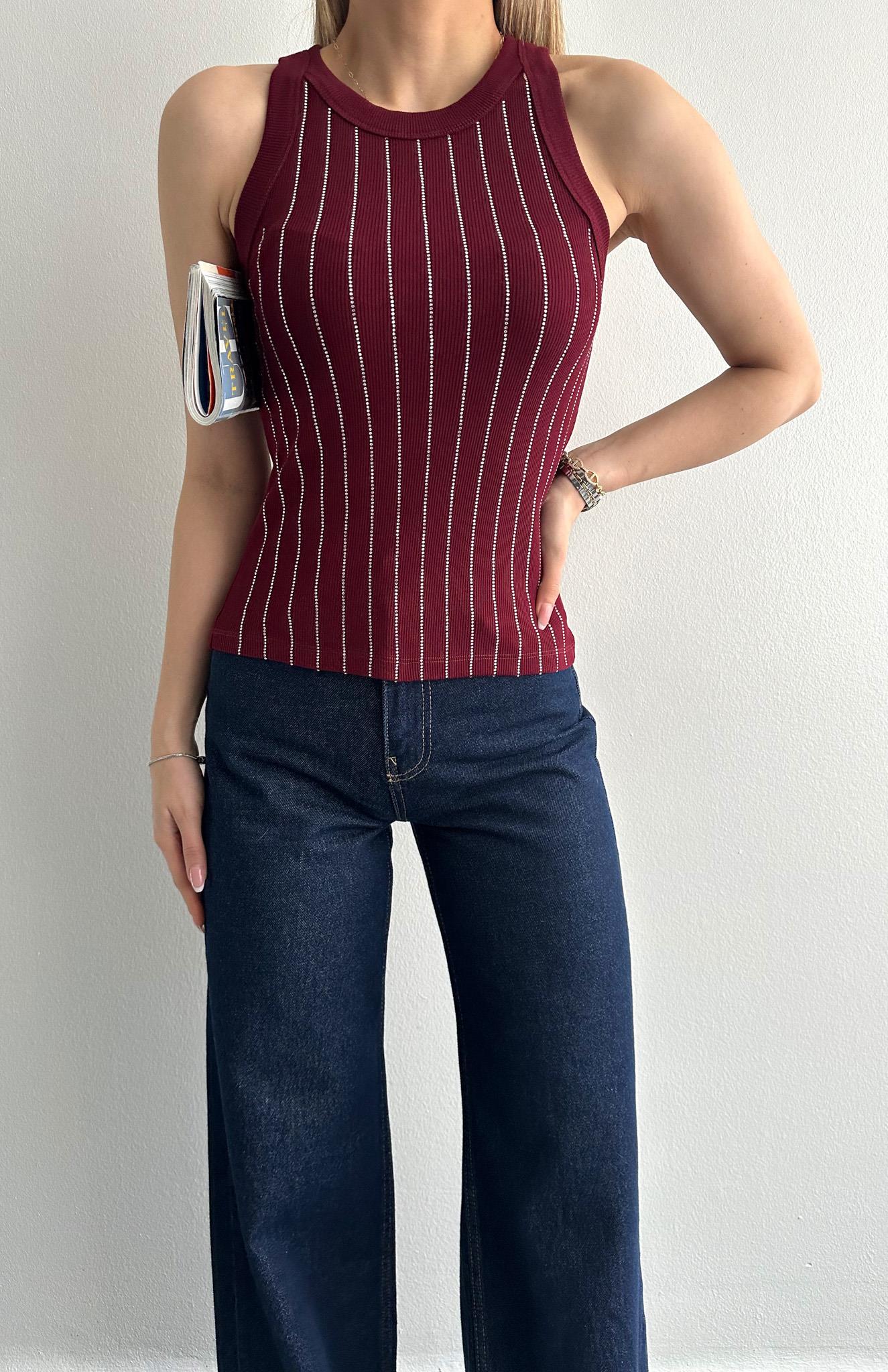 Halter Yaka Taş Baskılı Atlet BORDO