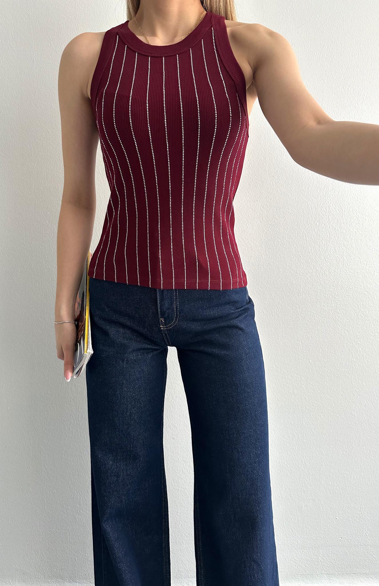 Halter Yaka Taş Baskılı Atlet BORDO