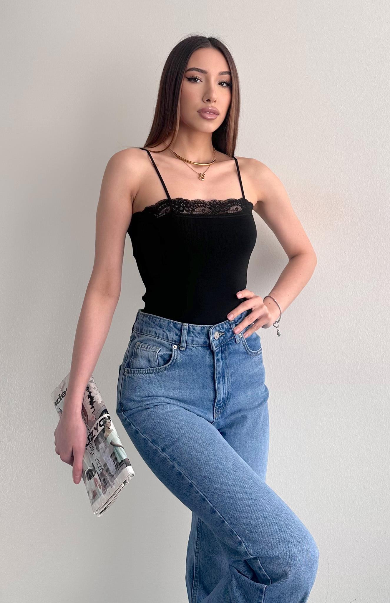 İnce Askılı Dantel Triko Atlet SİYAH