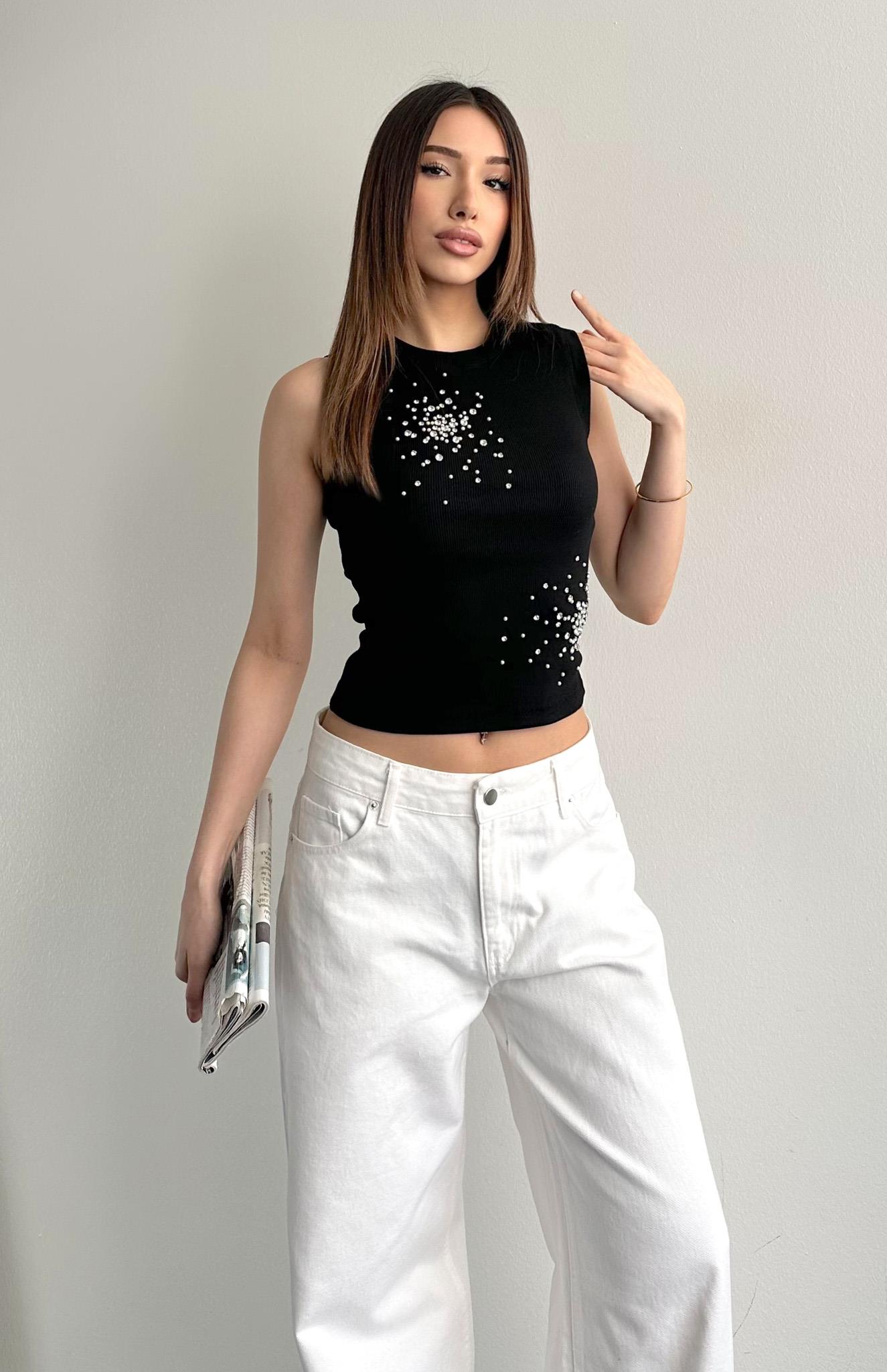 Önü Taşlı Atlet SİYAH