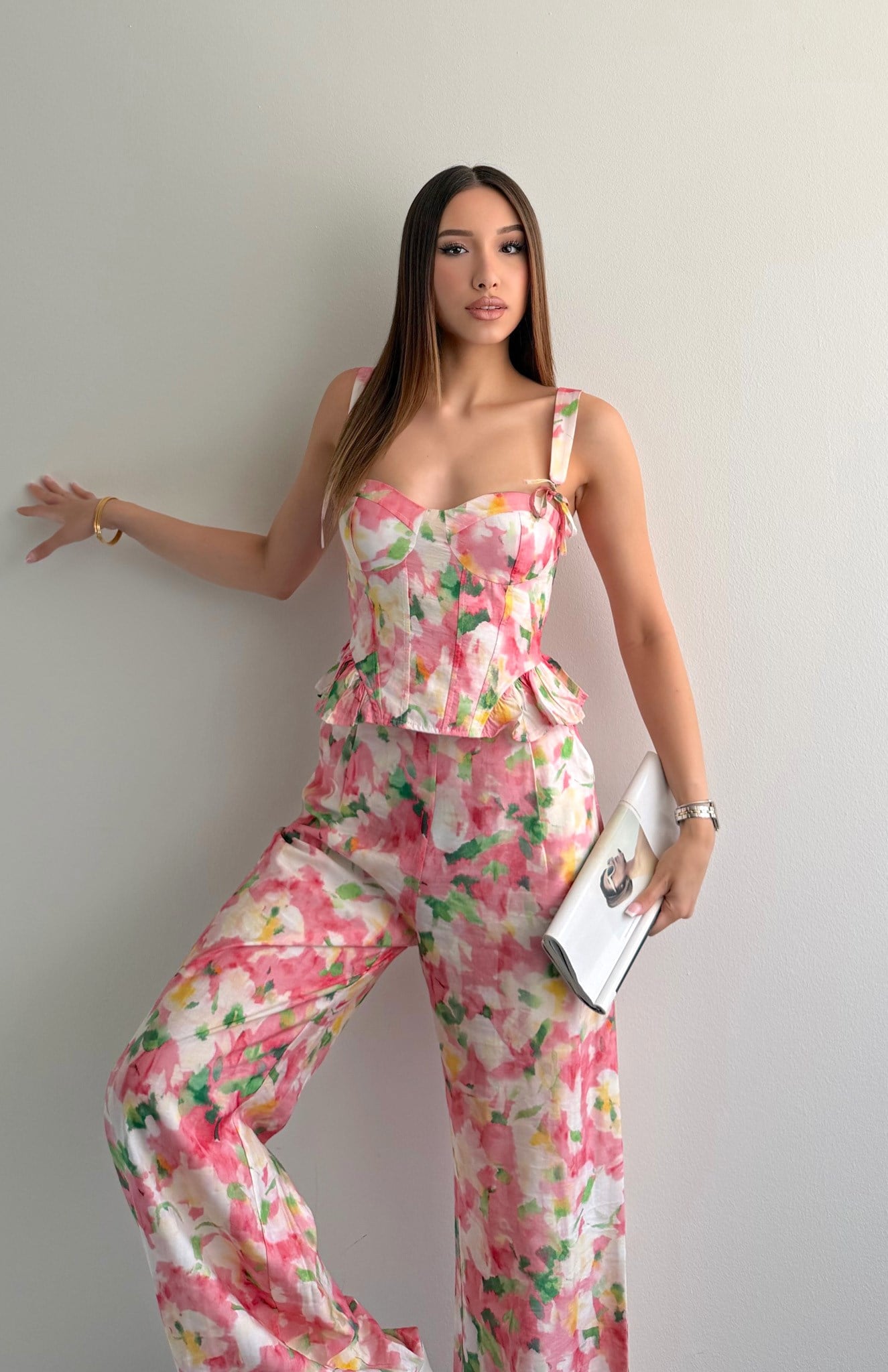 Askı Detaylı Desenli Bluz PEMBE