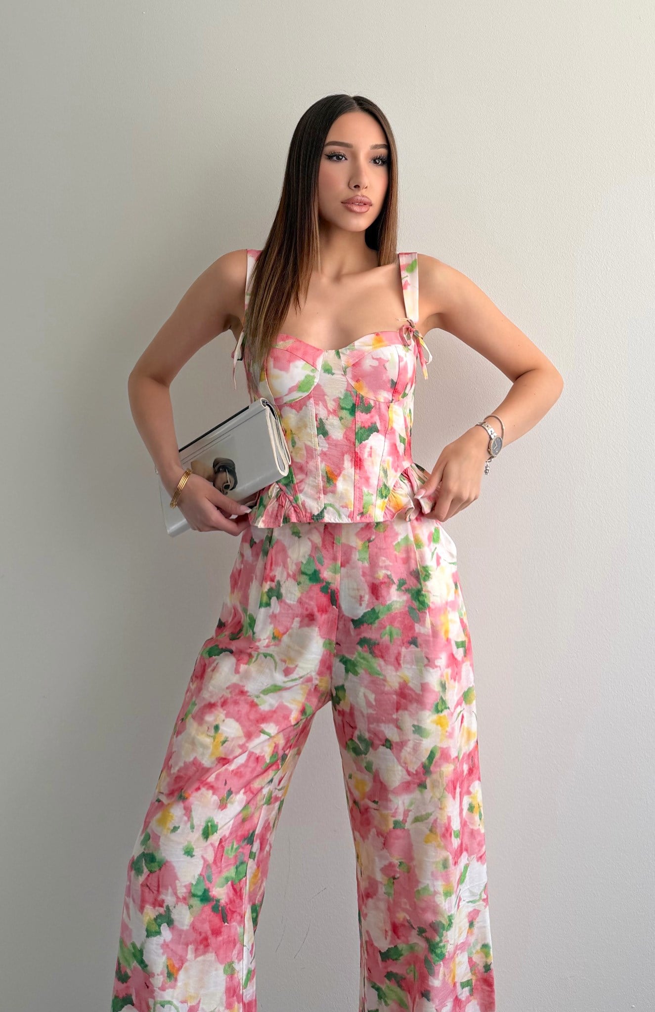 Askı Detaylı Desenli Bluz PEMBE