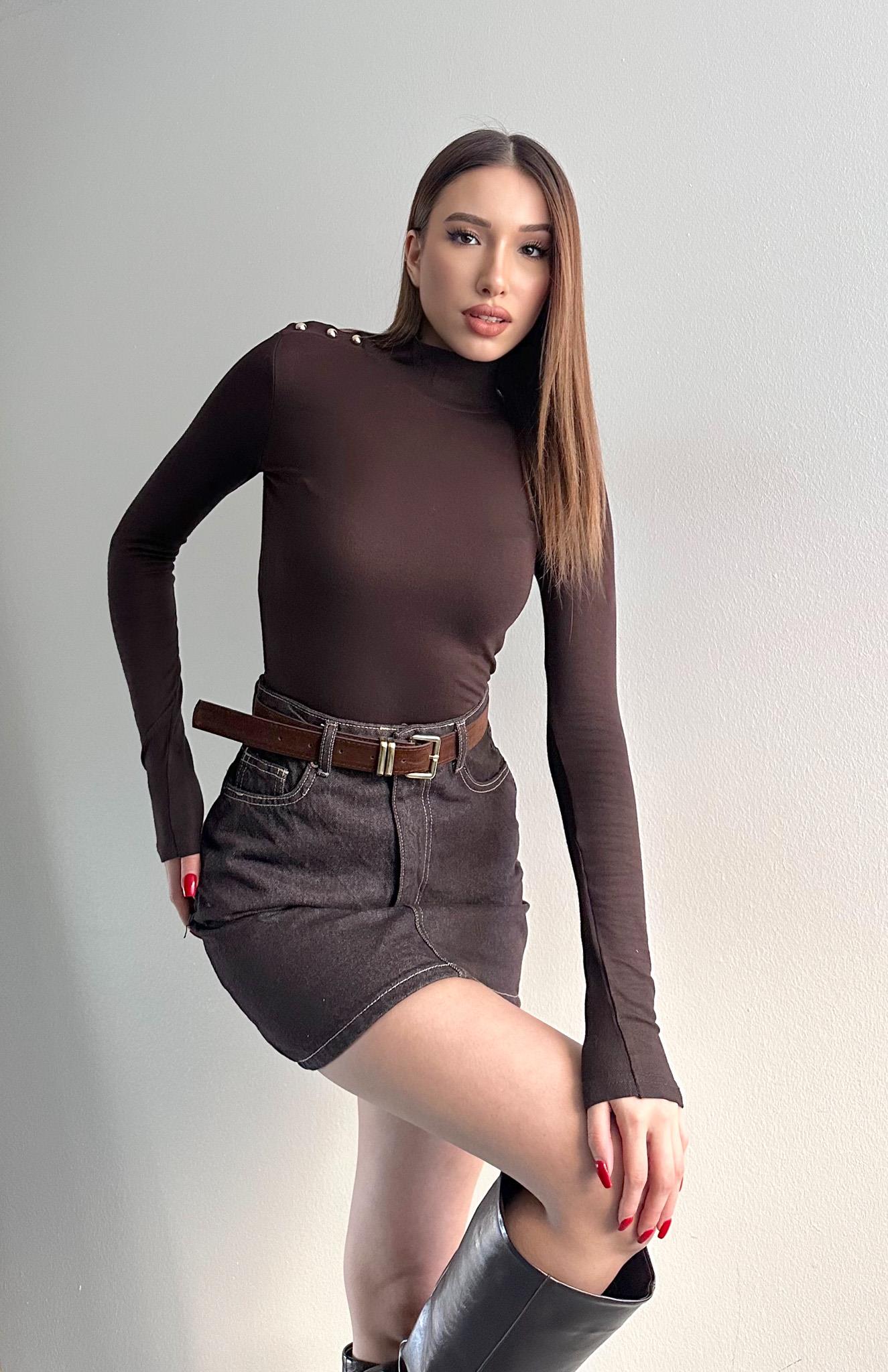 Balıkçı Yaka Patlı Bluz KAHVERENGİ