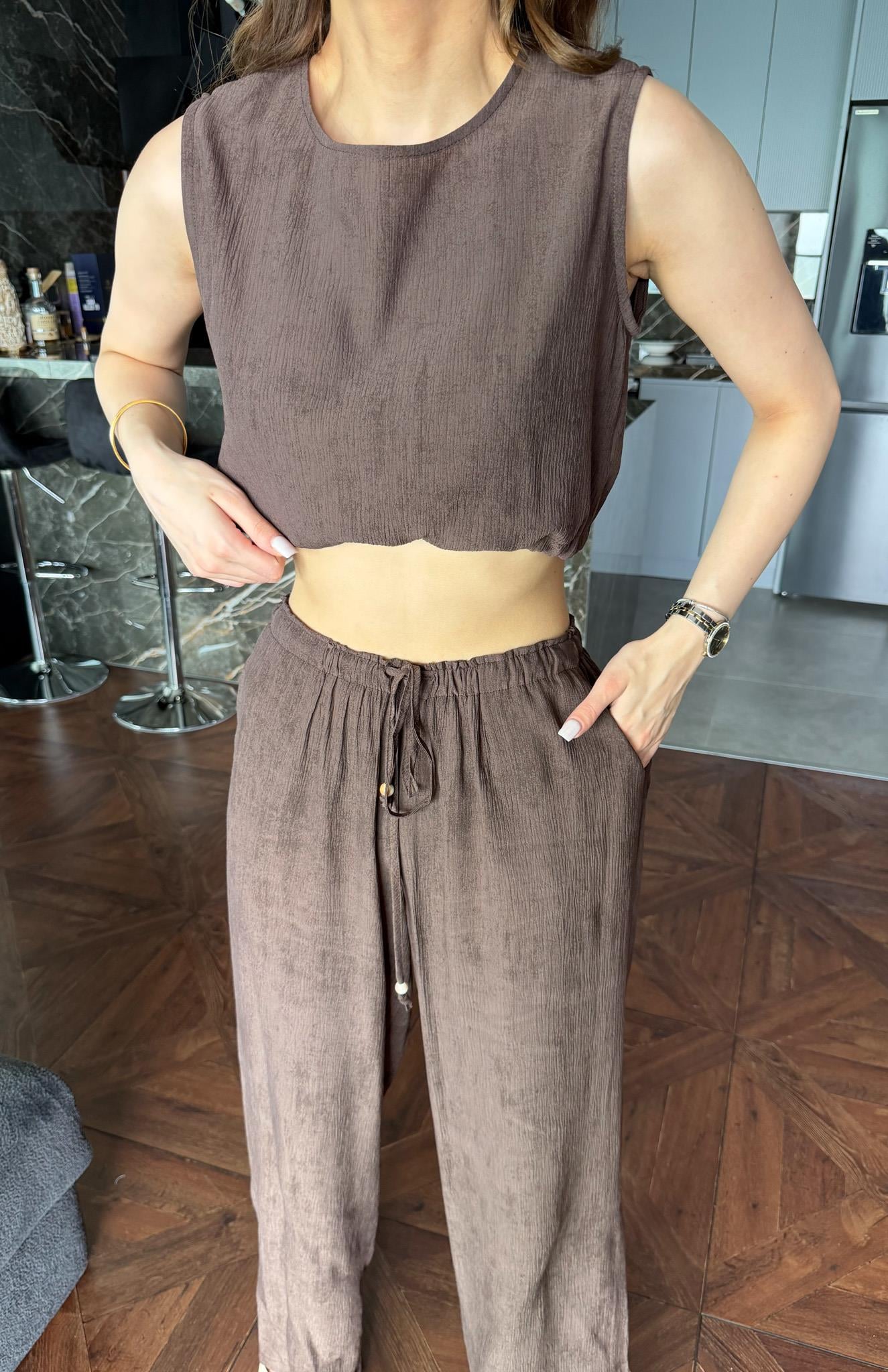 Boncuk Detaylı Bluz KAHVERENGİ