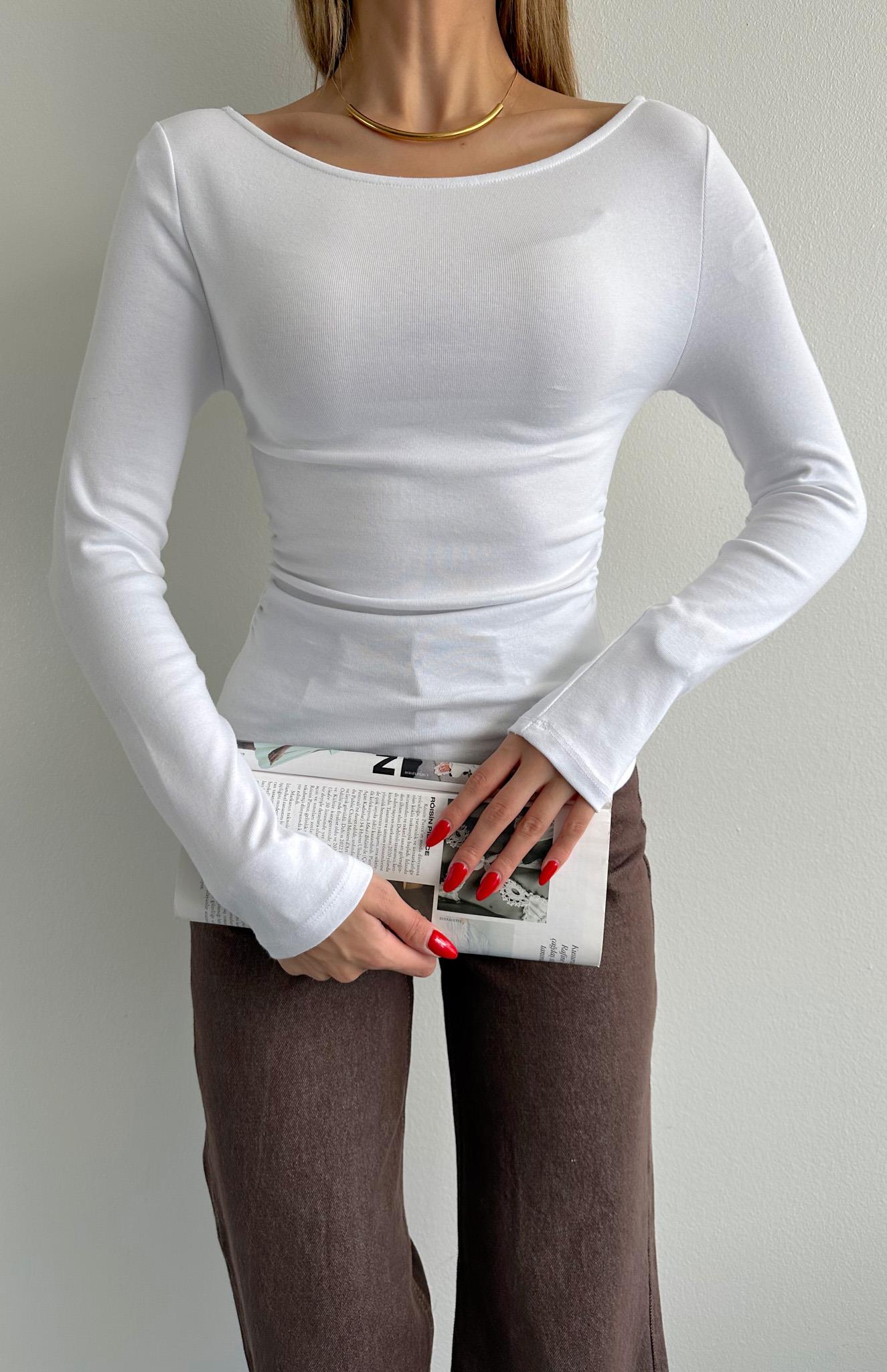 Büzgülü Kayık Yaka Bluz BEYAZ