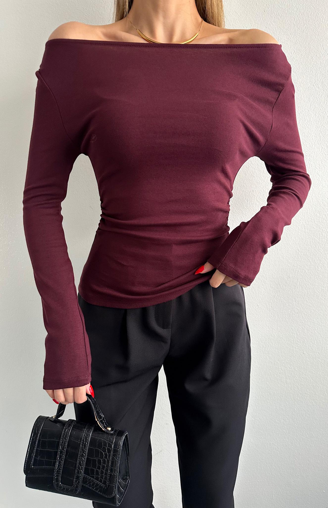 Büzgülü Kayık Yaka Bluz BORDO