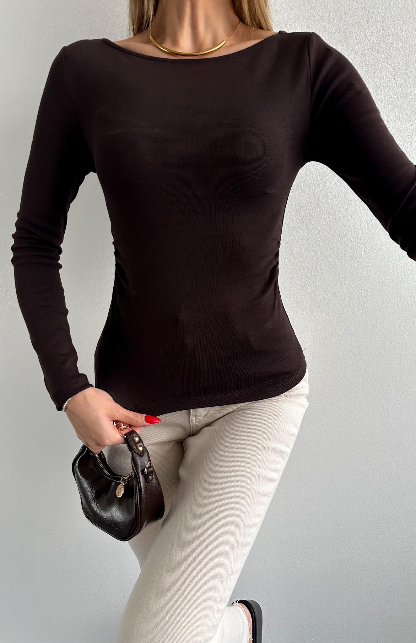 Büzgülü Kayık Yaka Bluz KOYU KAHVE